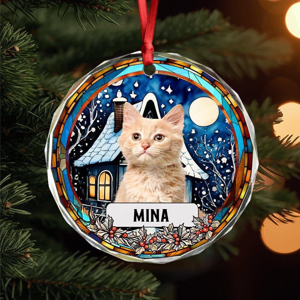 Custom Photo and Name Christmas Dog Cat Circle Glass Ornament HA75 891747 - Image 2