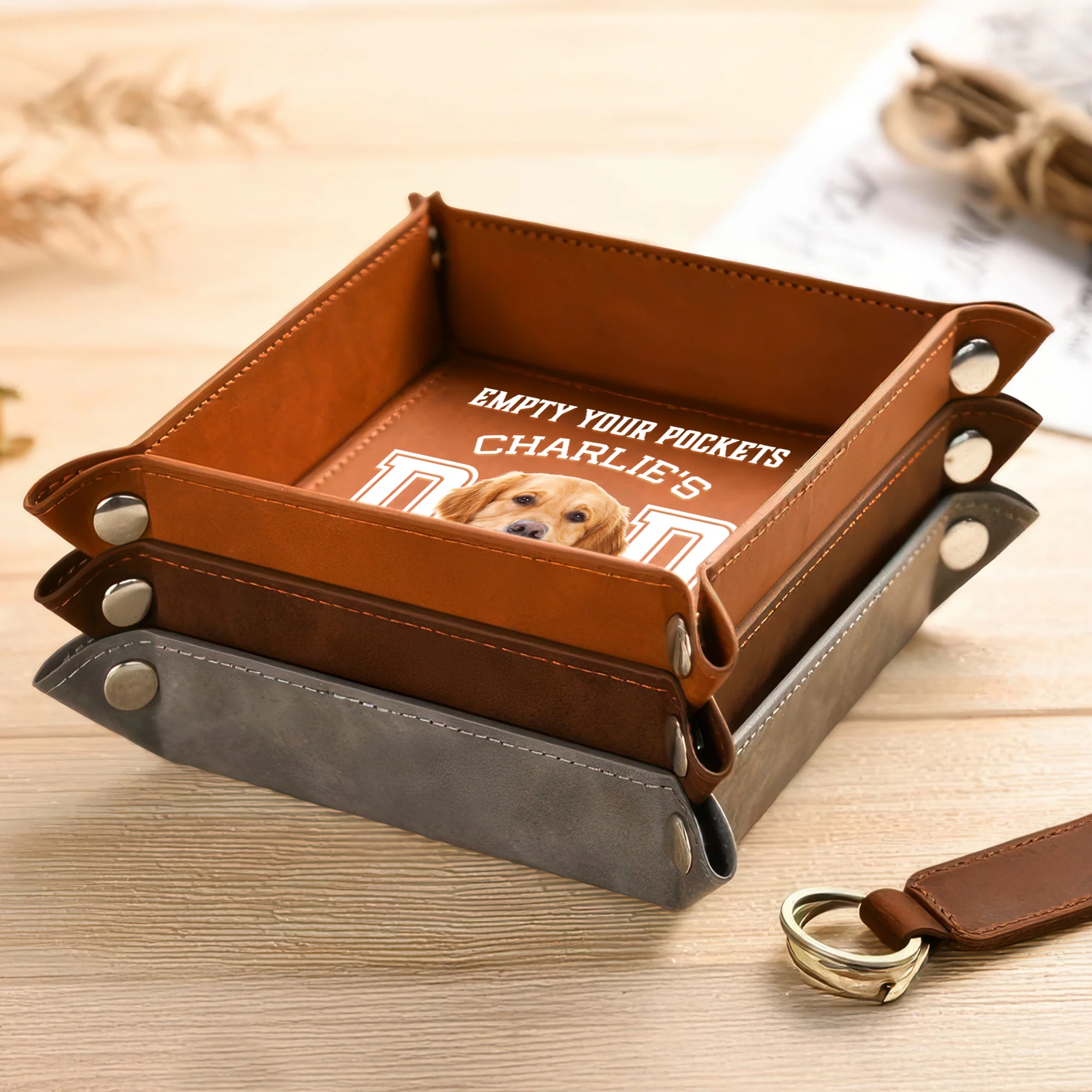Custom Photo Dog Can't Wait To Play With Dad Leather Valet Tray LM32 893617 - Image 3