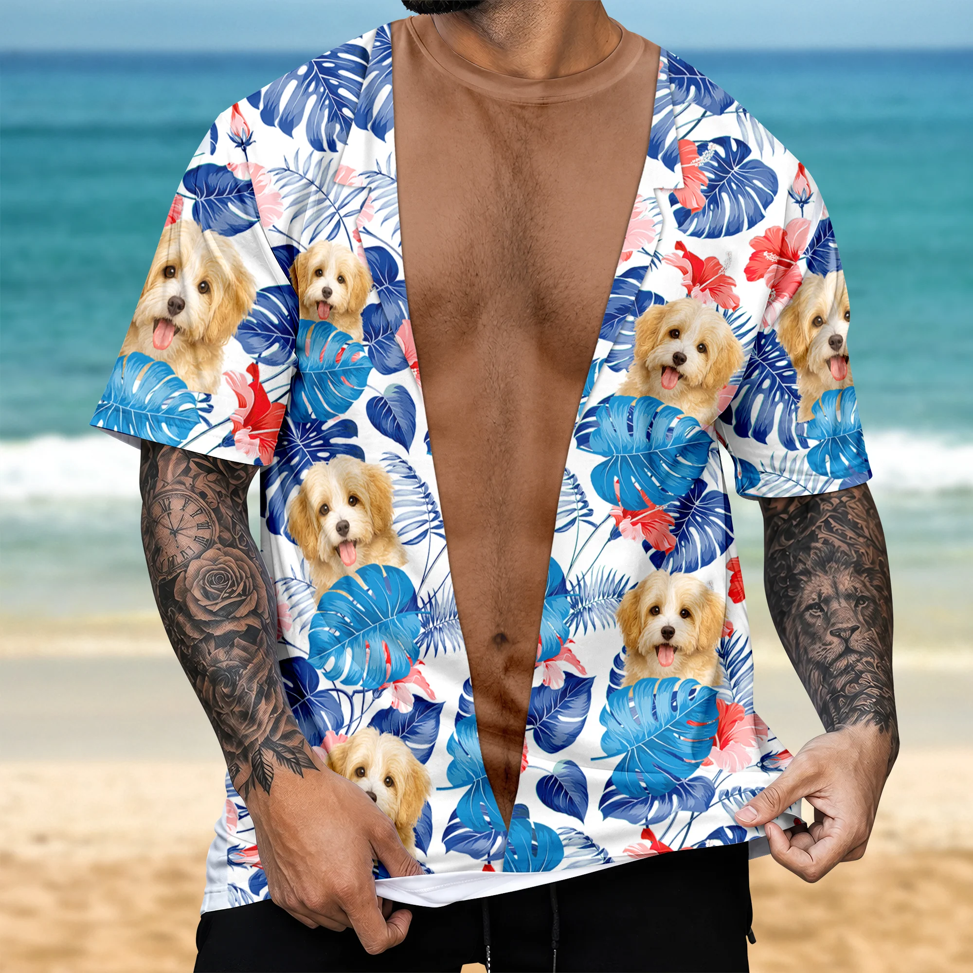 Custom Photo Dog Cat Hairy Body Hawaiian Tropical Full Print Men's 3D Shirt LM32 669503 - Image 3