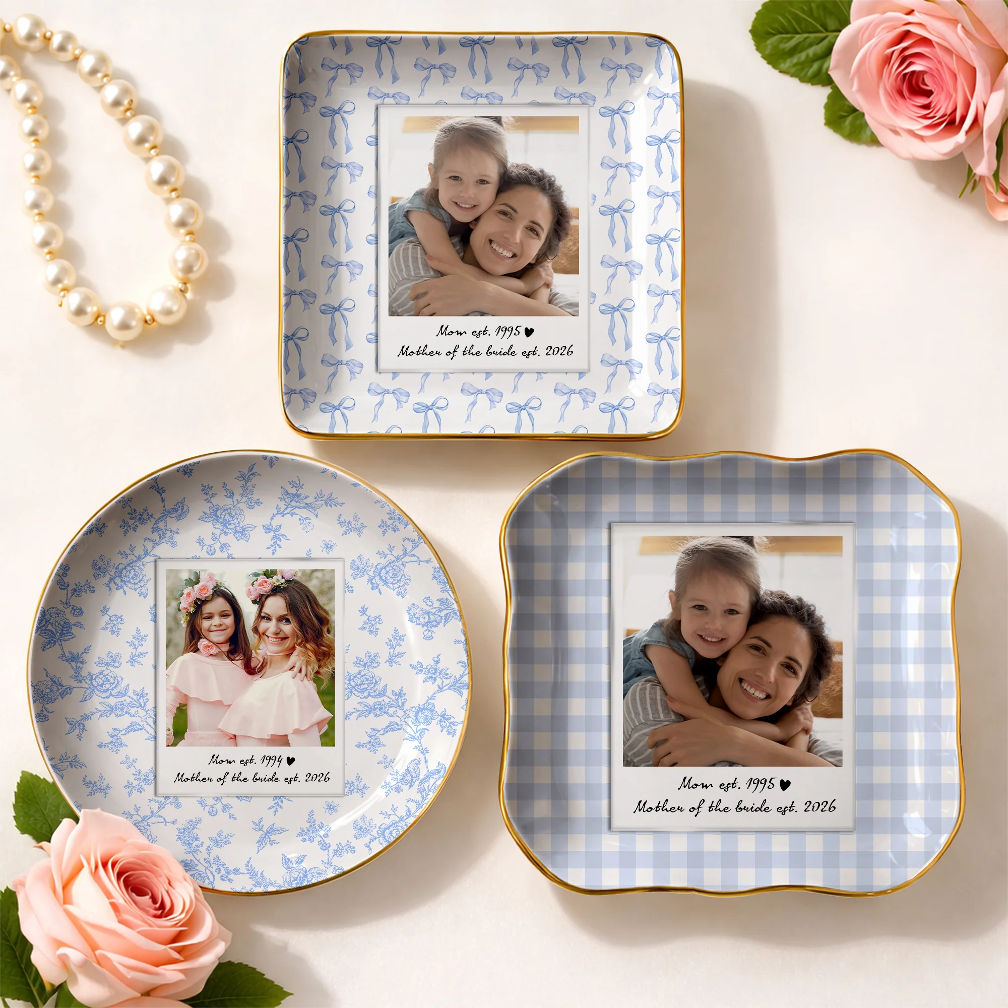 Custom Photo Floral Gingham Bow Stripe Style Mother EST Year Ring Dish LM32 899919