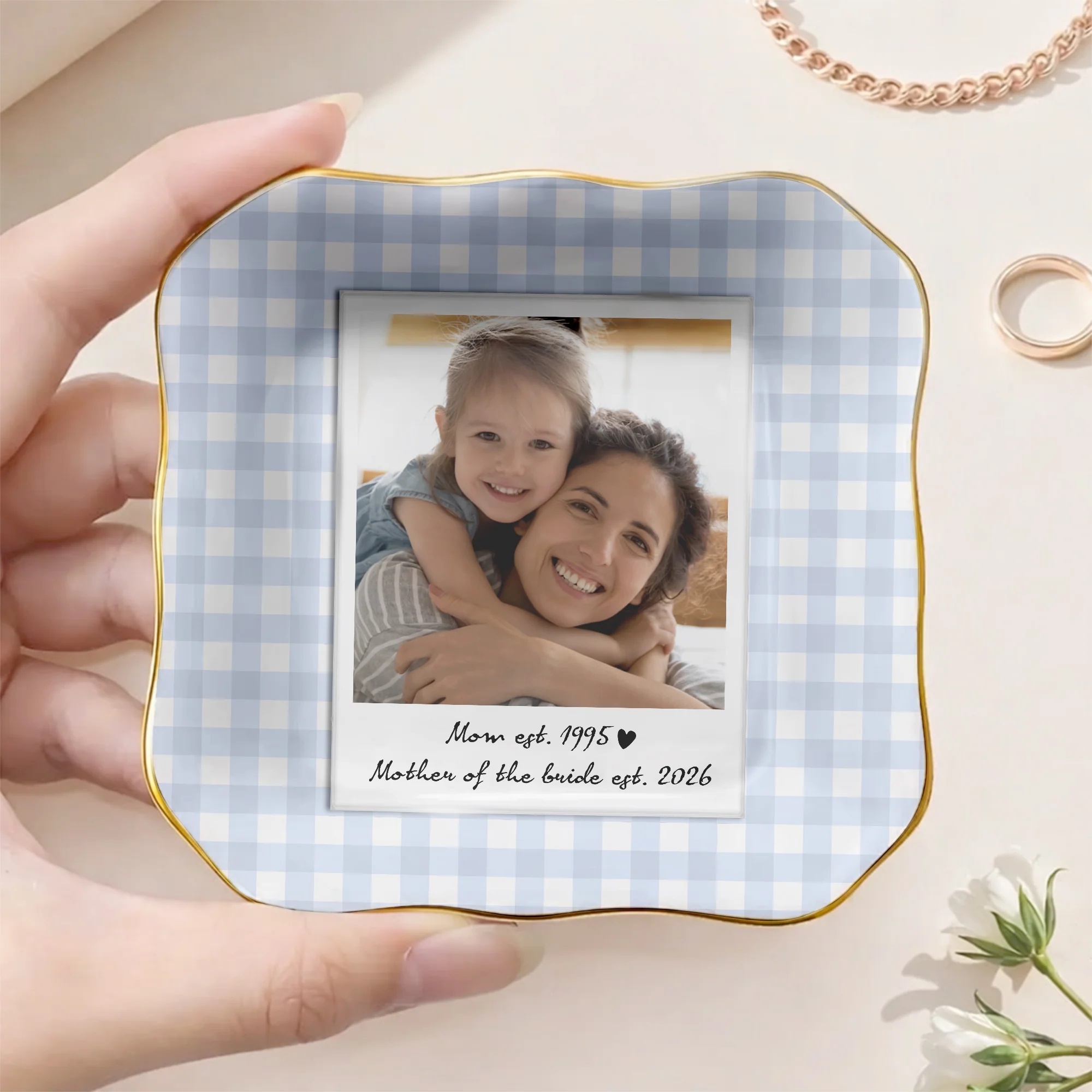 Custom Photo Floral Gingham Bow Stripe Style Mother EST Year Ring Dish LM32 899919 - Image 3