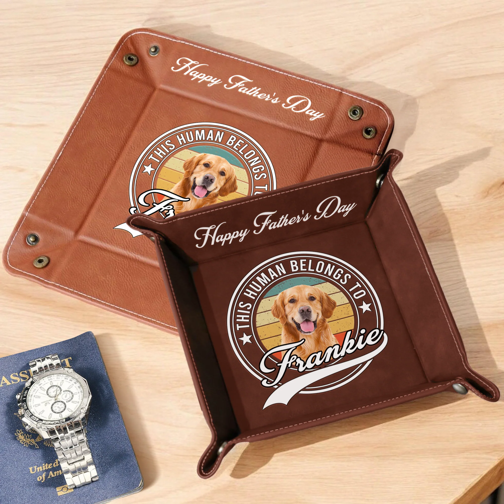 Custom Photo Human Belongs To Dog Happy Father's Day Leather Valet Tray LM32 893611 - Image 5