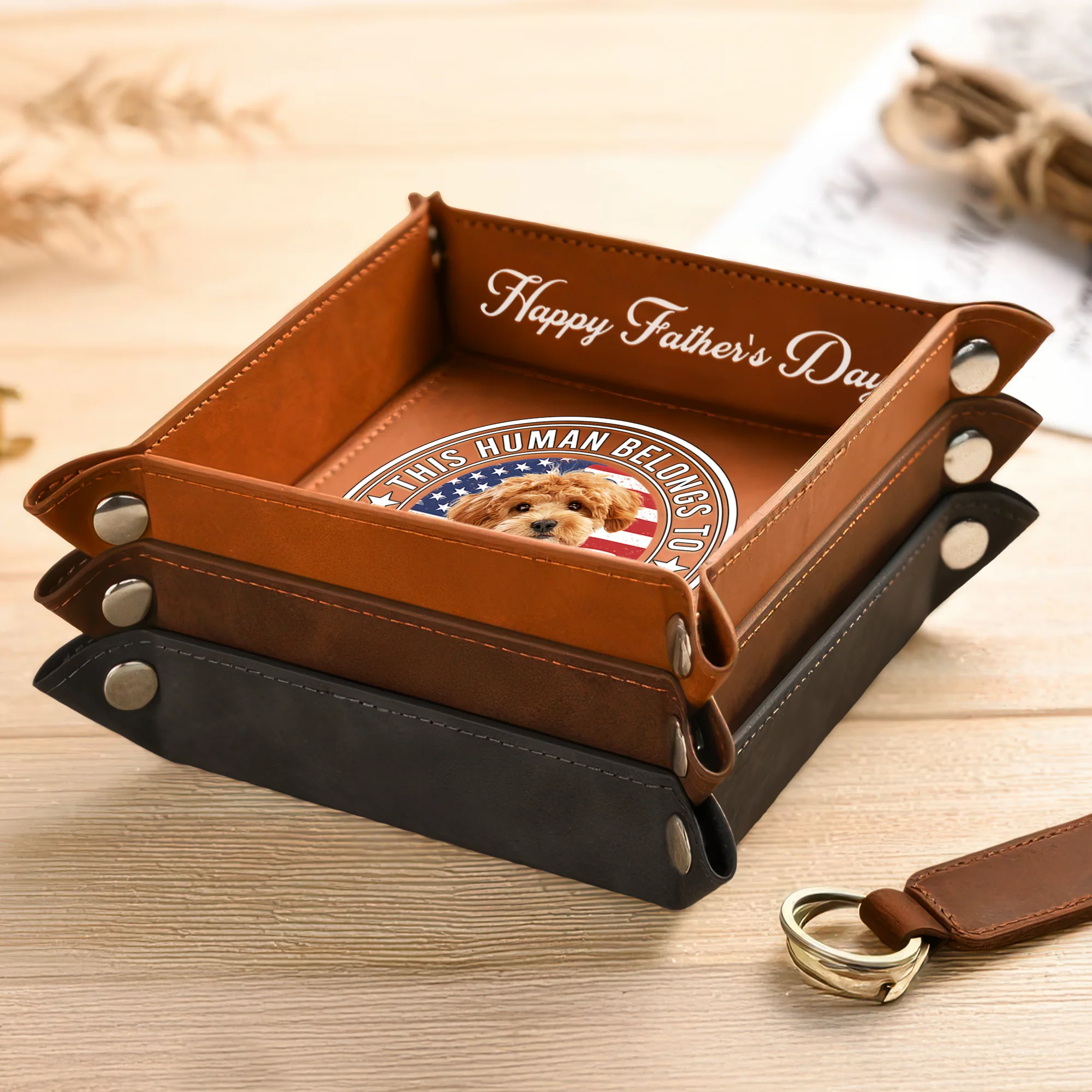 Custom Photo Human Belongs To Dog Happy Father's Day Leather Valet Tray LM32 893611 - Image 6