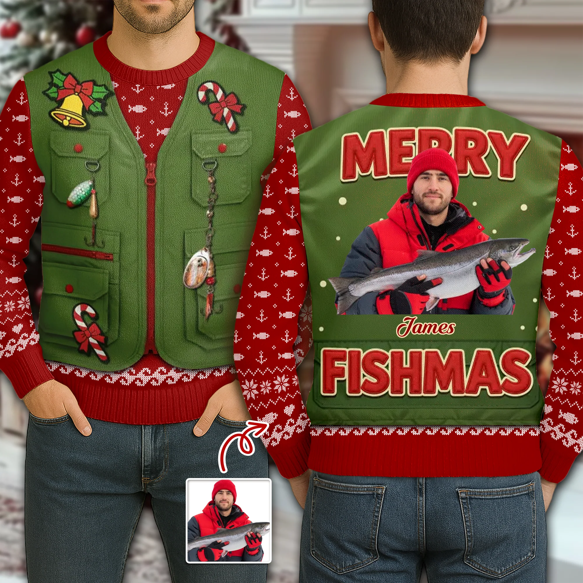 Custom Photo Merry Fishmas AOP Ugly Sweater For Fishing Lovers LM32 897175 - Image 2