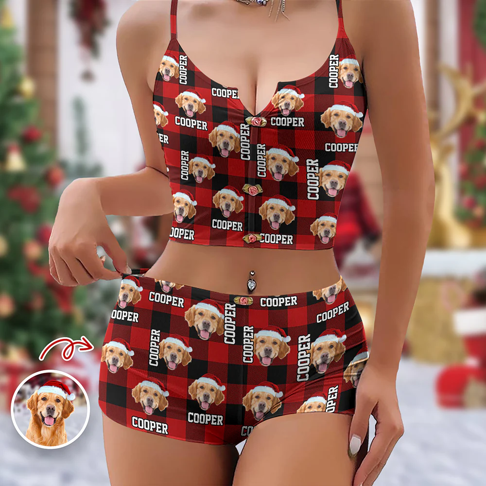 Custom Photo Name Dog Cat Christmas Flannel Appliques Notched Neckline Lingerie Set LM32 893909 - Image 4
