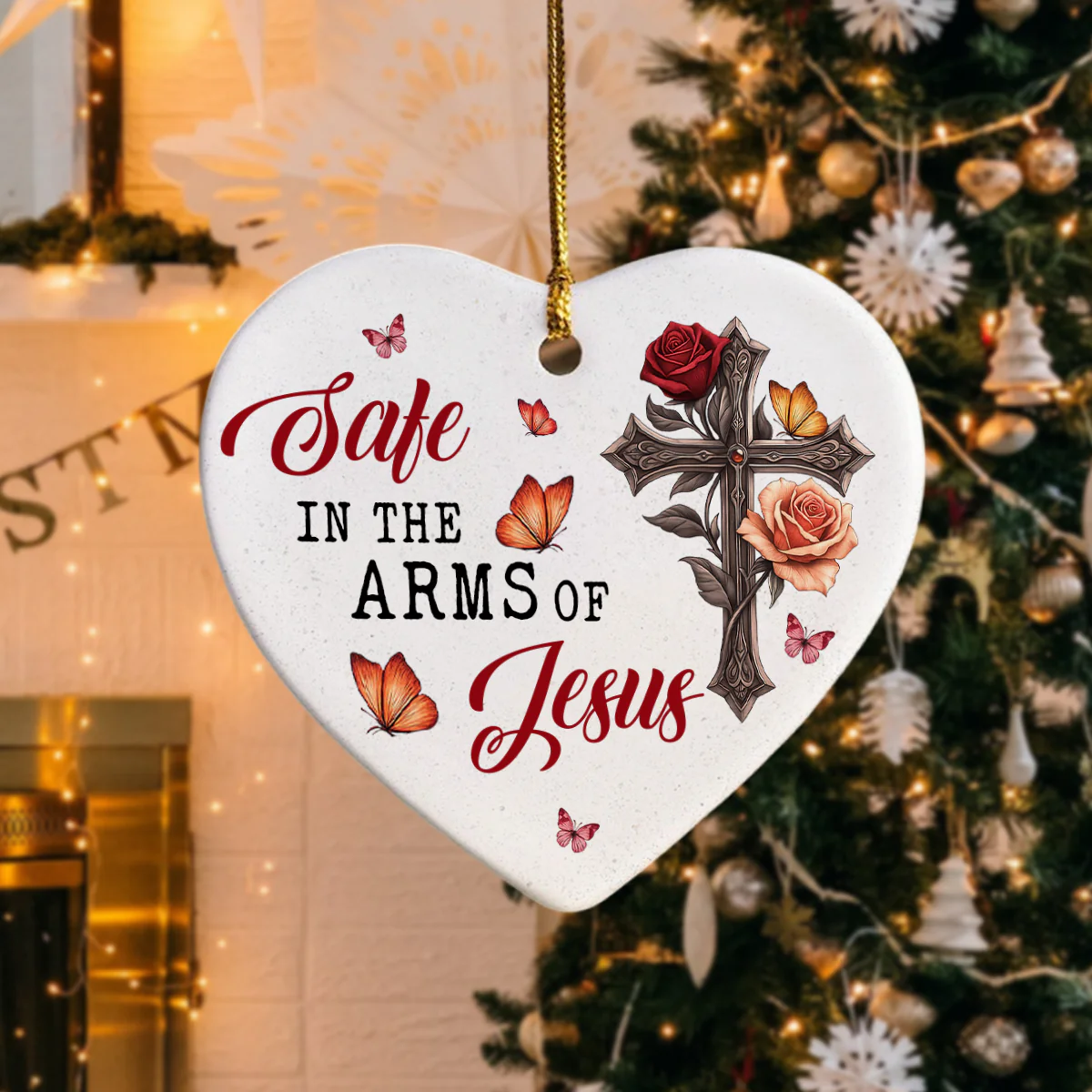 Custom Photo Safe In The Arms Of Jesus Memorial Heart Shaped Ceramic Ornament LM32 893825 - Image 2