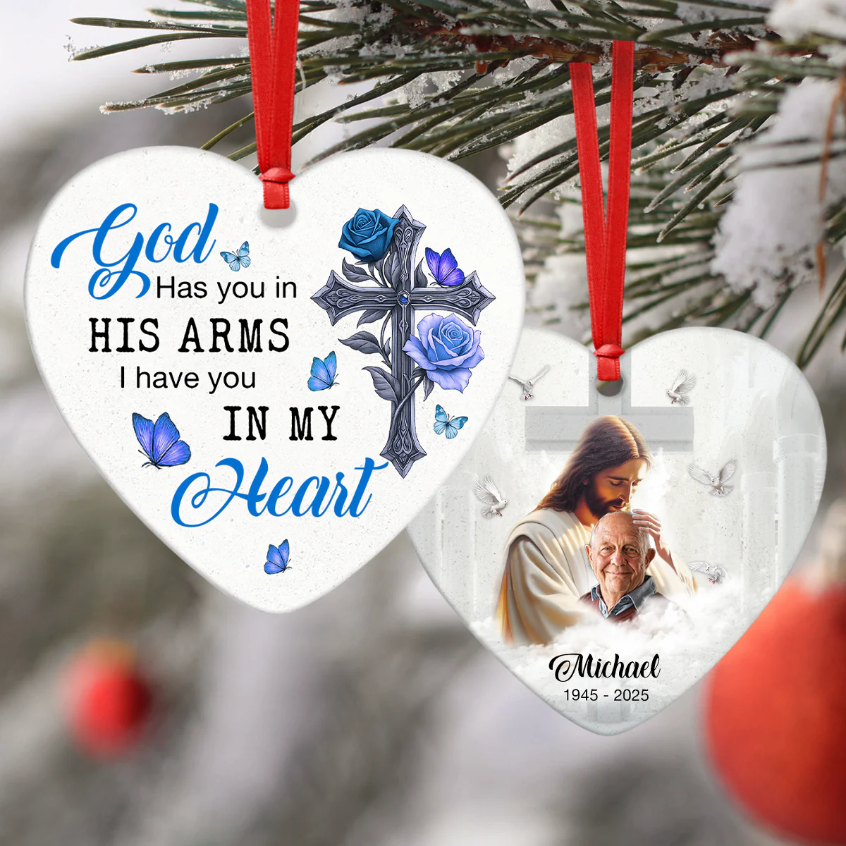 Custom Photo Safe In The Arms Of Jesus Memorial Heart Shaped Ceramic Ornament LM32 893825 - Image 3