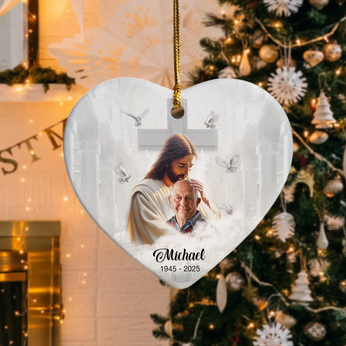 Custom Photo Safe In The Arms Of Jesus Memorial Heart Shaped Ceramic Ornament LM32 893825 - Image 5
