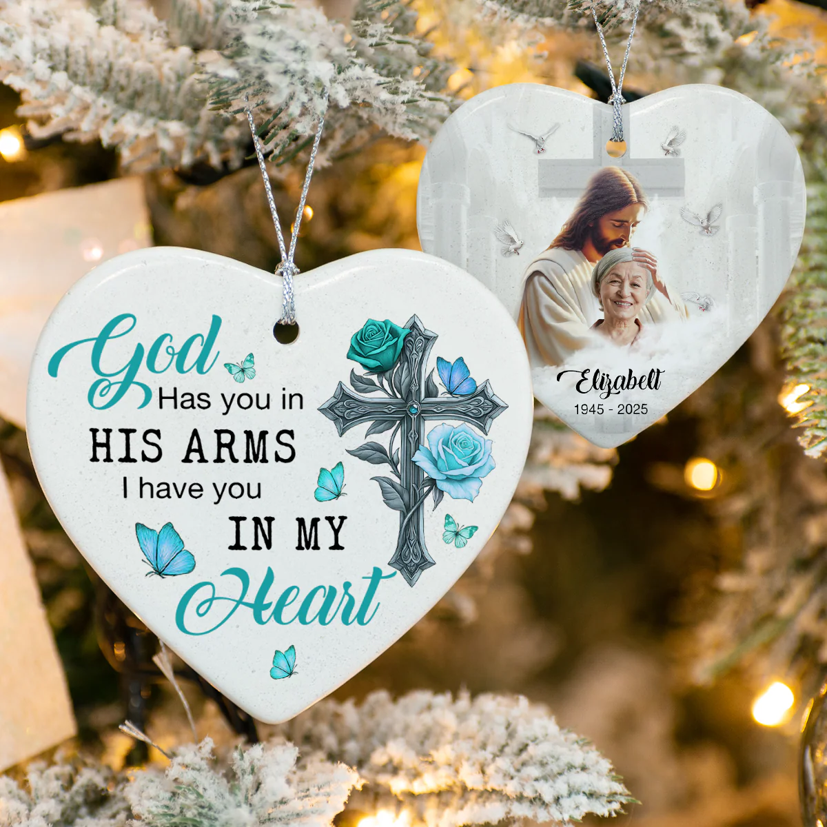 Custom Photo Safe In The Arms Of Jesus Memorial Heart Shaped Ceramic Ornament LM32 893825 - Image 6