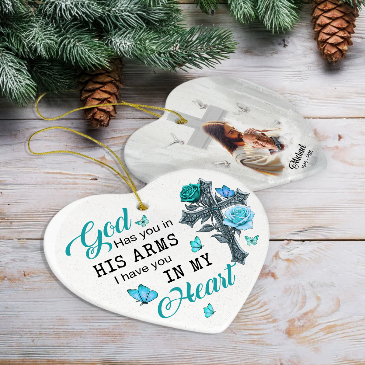 Custom Photo Safe In The Arms Of Jesus Memorial Heart Shaped Ceramic Ornament LM32 893825 - Image 8