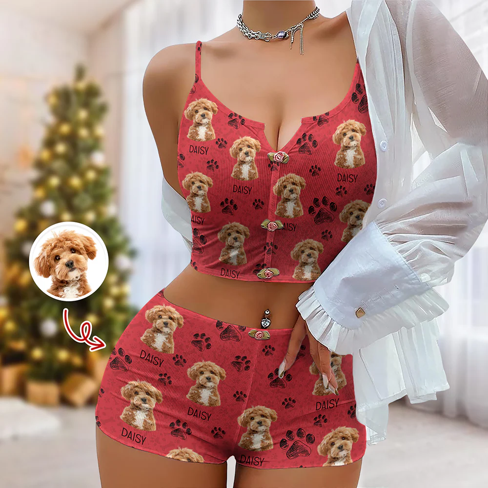 Custom Portrait Photo Dog Cat Christmas Appliques Notched Neckline Lingerie Set LM32 893905 - Image 3