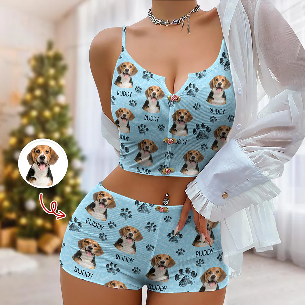 Custom Portrait Photo Dog Cat Christmas Appliques Notched Neckline Lingerie Set LM32 893905 - Image 4