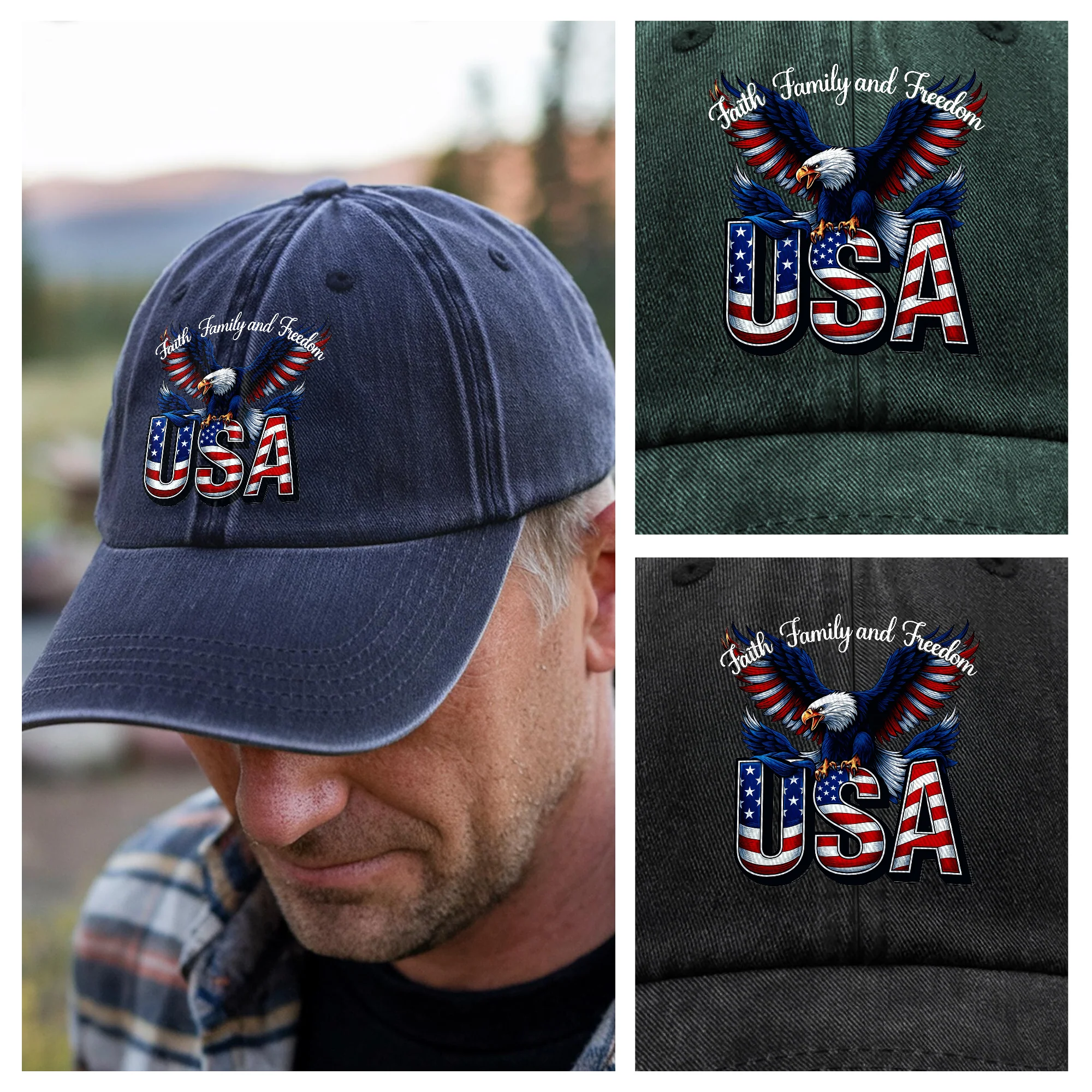 Faith, Family & Freedom 250 Years of America Washed Denim Baseball Cap LM32 897353 - Image 5