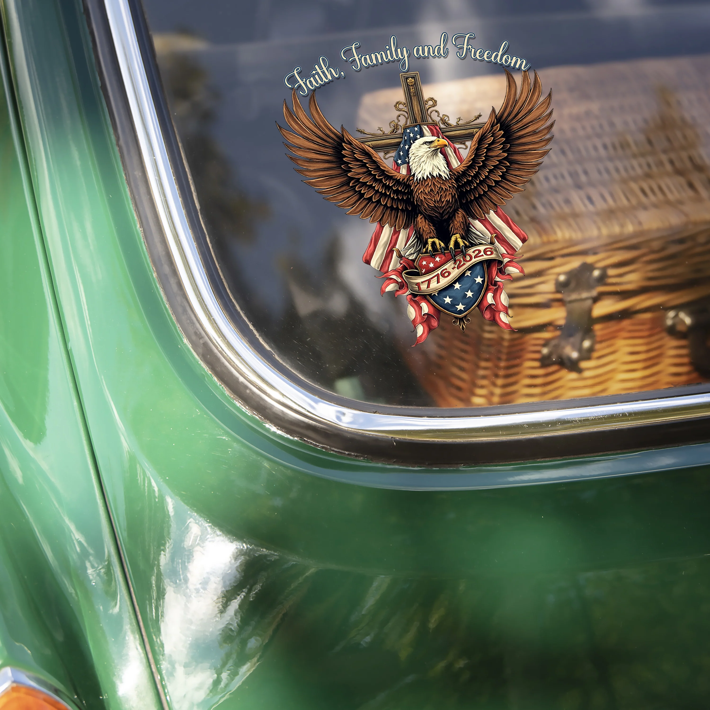 Faith, Family & Freedom Bald Eagle With US Flag And Cross Car Window Decal Sticker LM32 897331 - Image 2