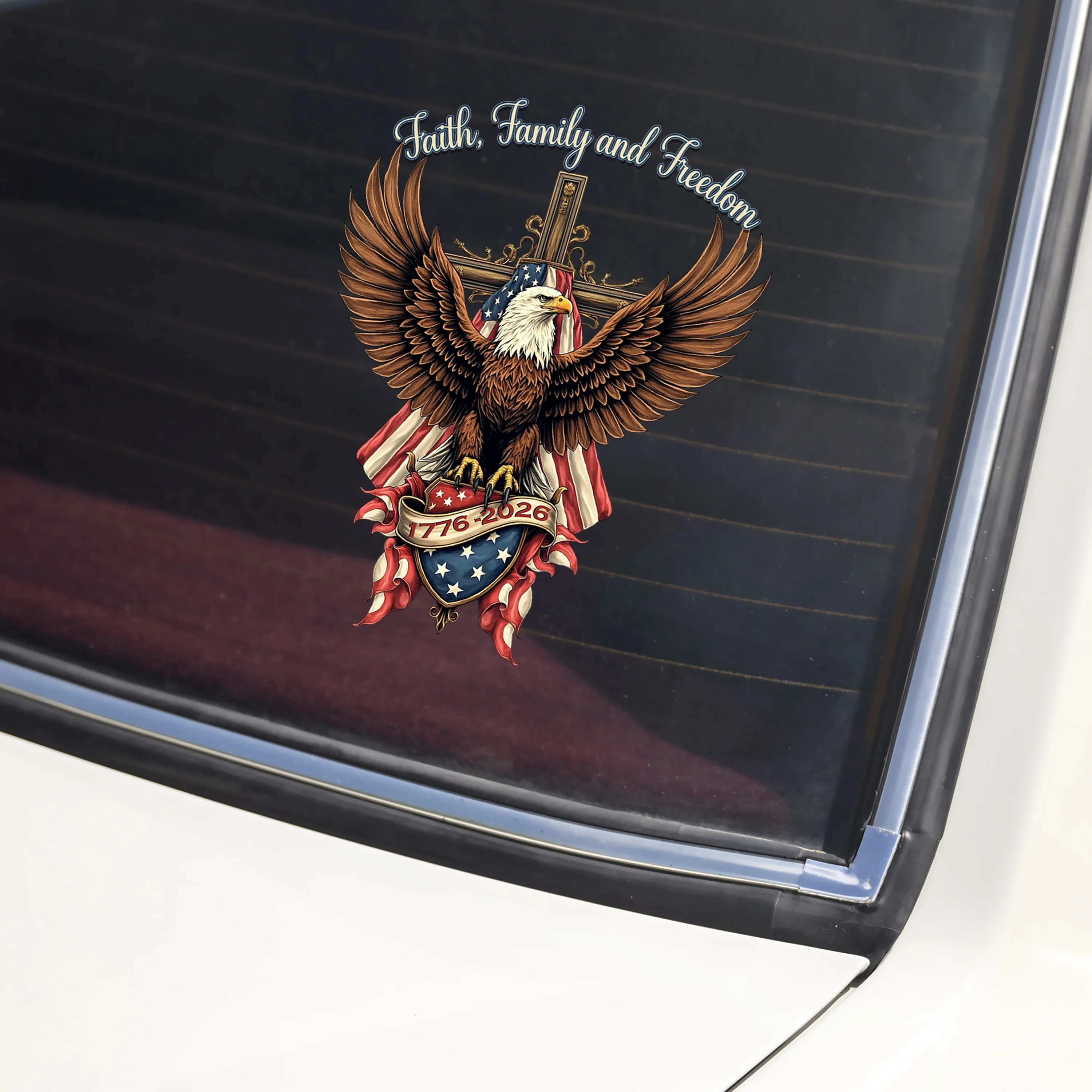 Faith, Family & Freedom Bald Eagle With US Flag And Cross Car Window Decal Sticker LM32 897331 - Image 3