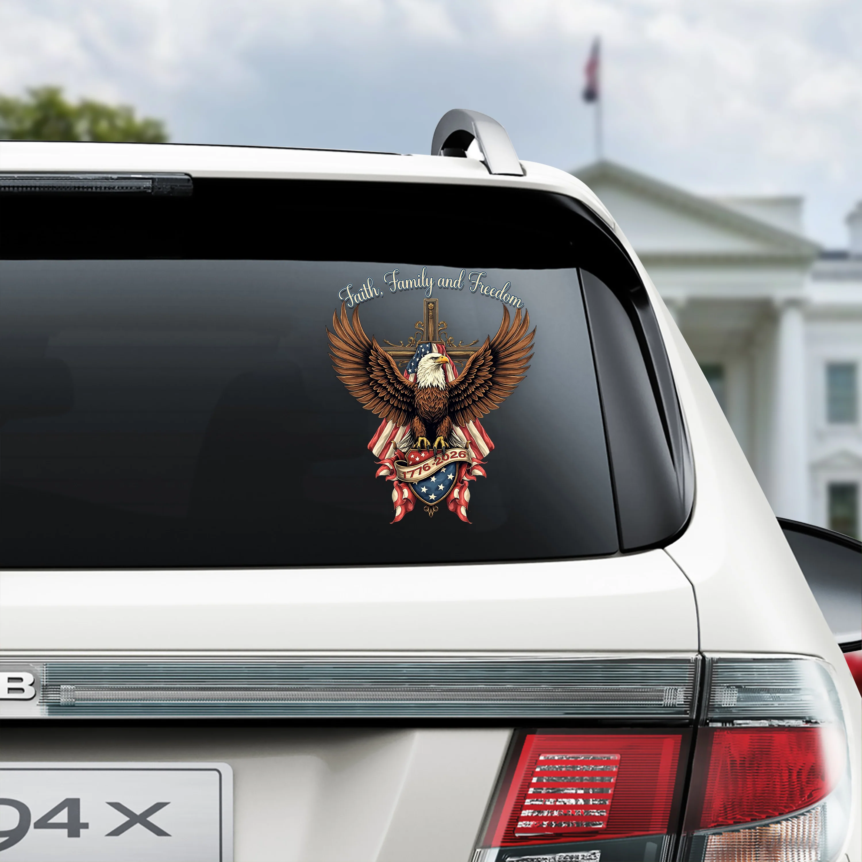 Faith, Family & Freedom Bald Eagle With US Flag And Cross Car Window Decal Sticker LM32 897331 - Image 4