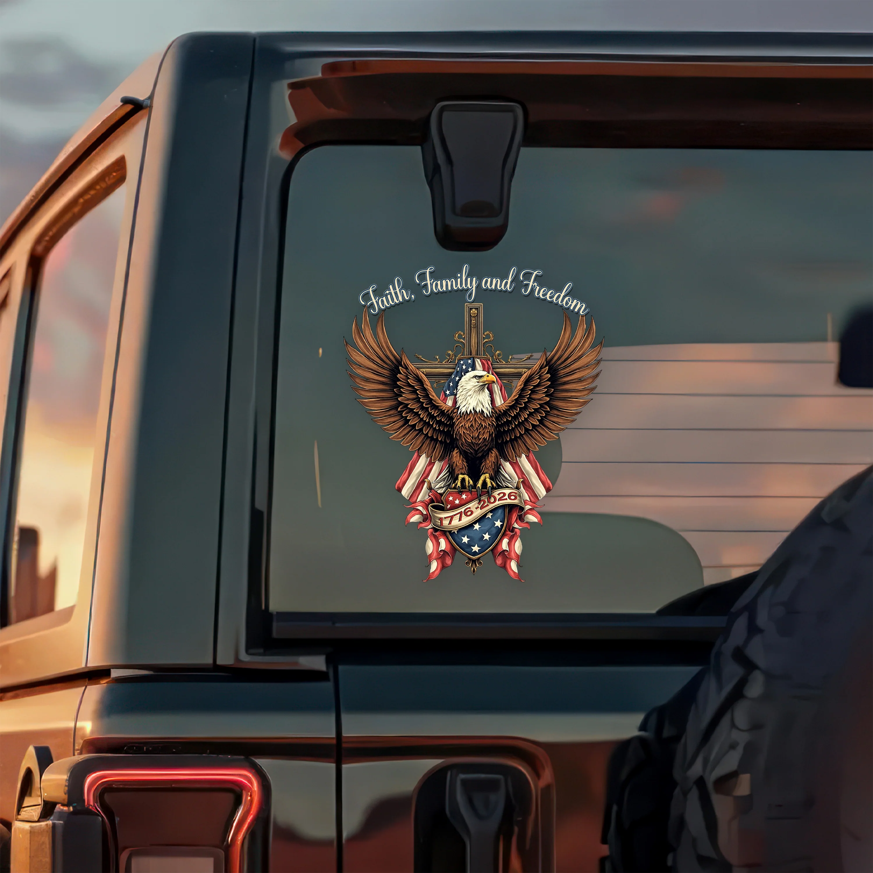Faith, Family & Freedom Bald Eagle With US Flag And Cross Car Window Decal Sticker LM32 897331 - Image 5
