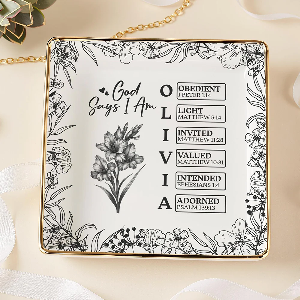 God Says I Am Personalized Name Initial Bible Toile De Jouy Jewelry Dish Gift LM32 895365 - Image 5