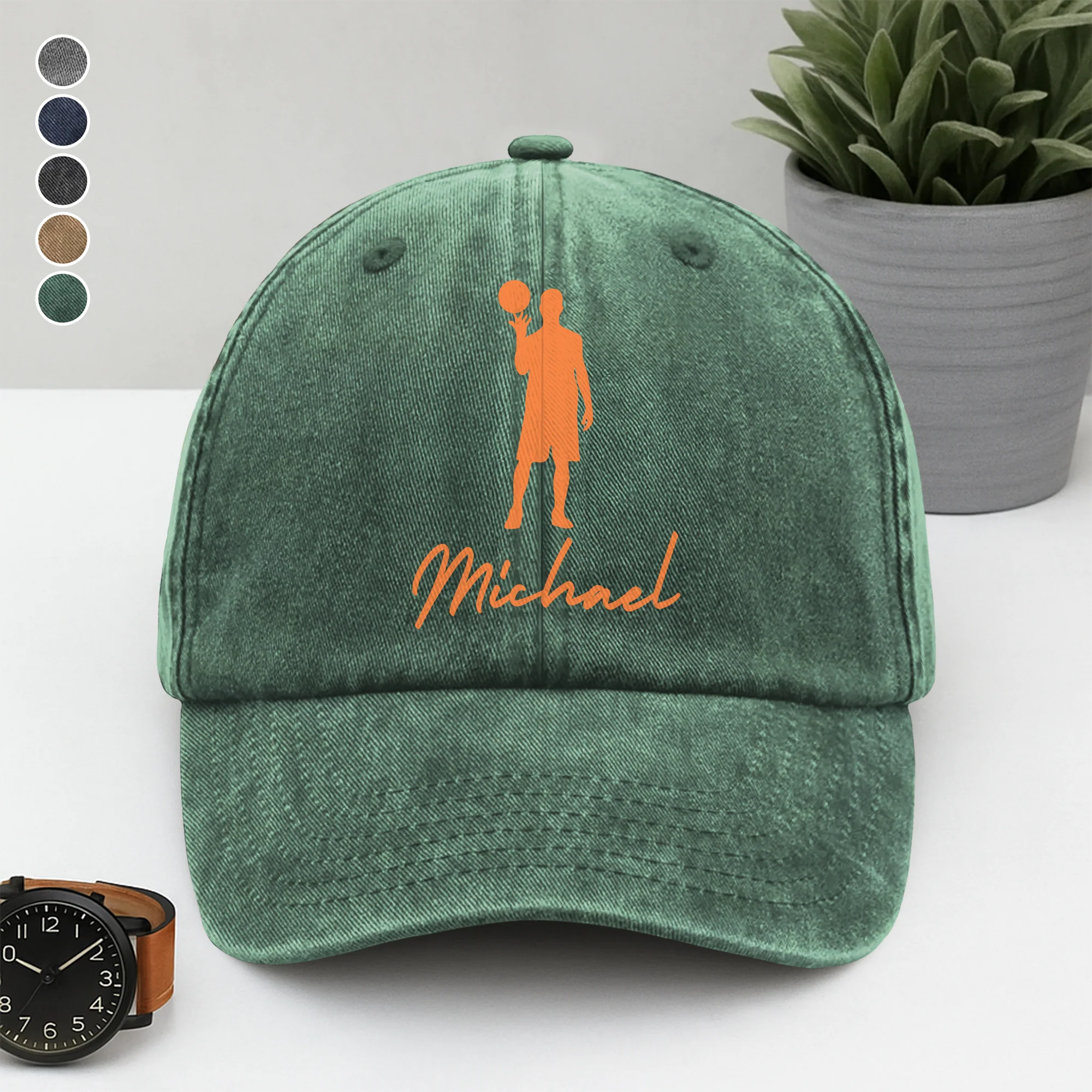 Personalized Basketball Player Silhouette Sport Washed Denim Baseball Cap LM32 893977 - Image 5