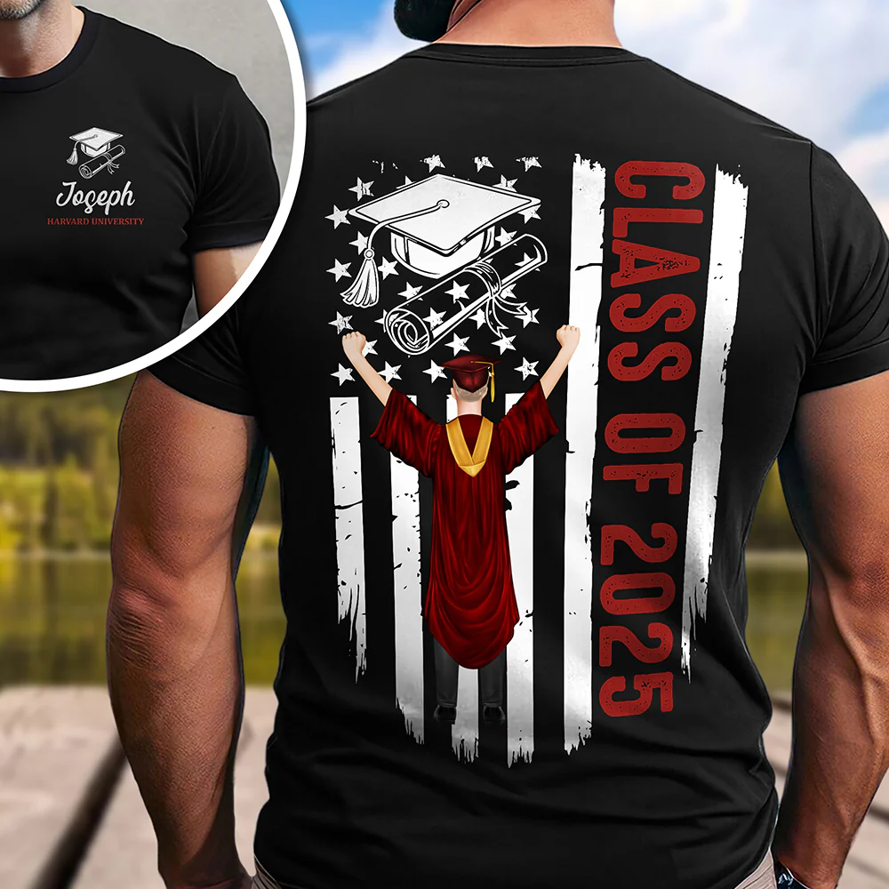 Personalized Class Of 2025 Flag Graduation Back & Front Dark Shirt LM32 893433 - Image 2