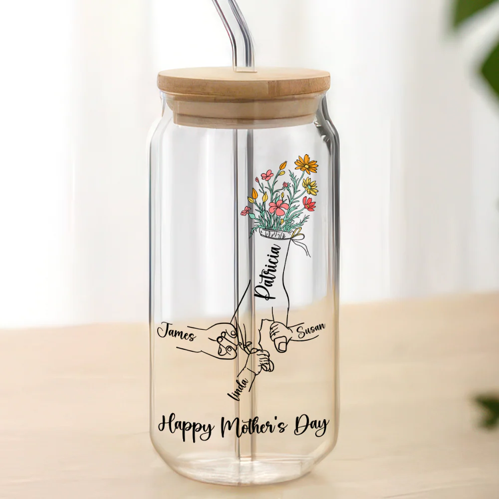 Personalized Floral Hands Mom With Kids Mother's Day Glass Can With Lid LM32 893291 - Image 4