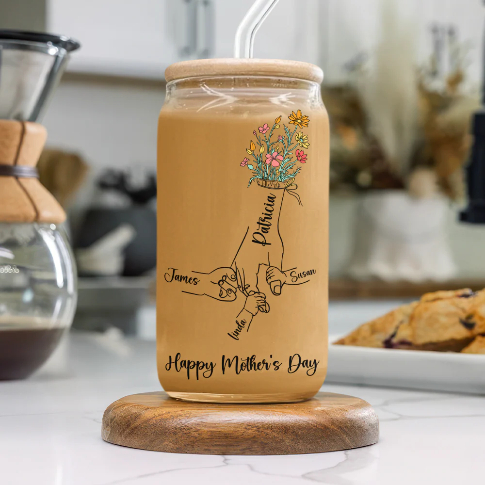 Personalized Floral Hands Mom With Kids Mother's Day Glass Can With Lid LM32 893291 - Image 6