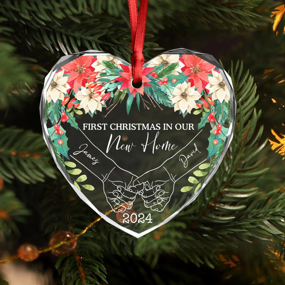 Personalized Gift Holding Hands First Christmas Couple - Heart Shaped Glass Ornament HA75 891763 - Image 2