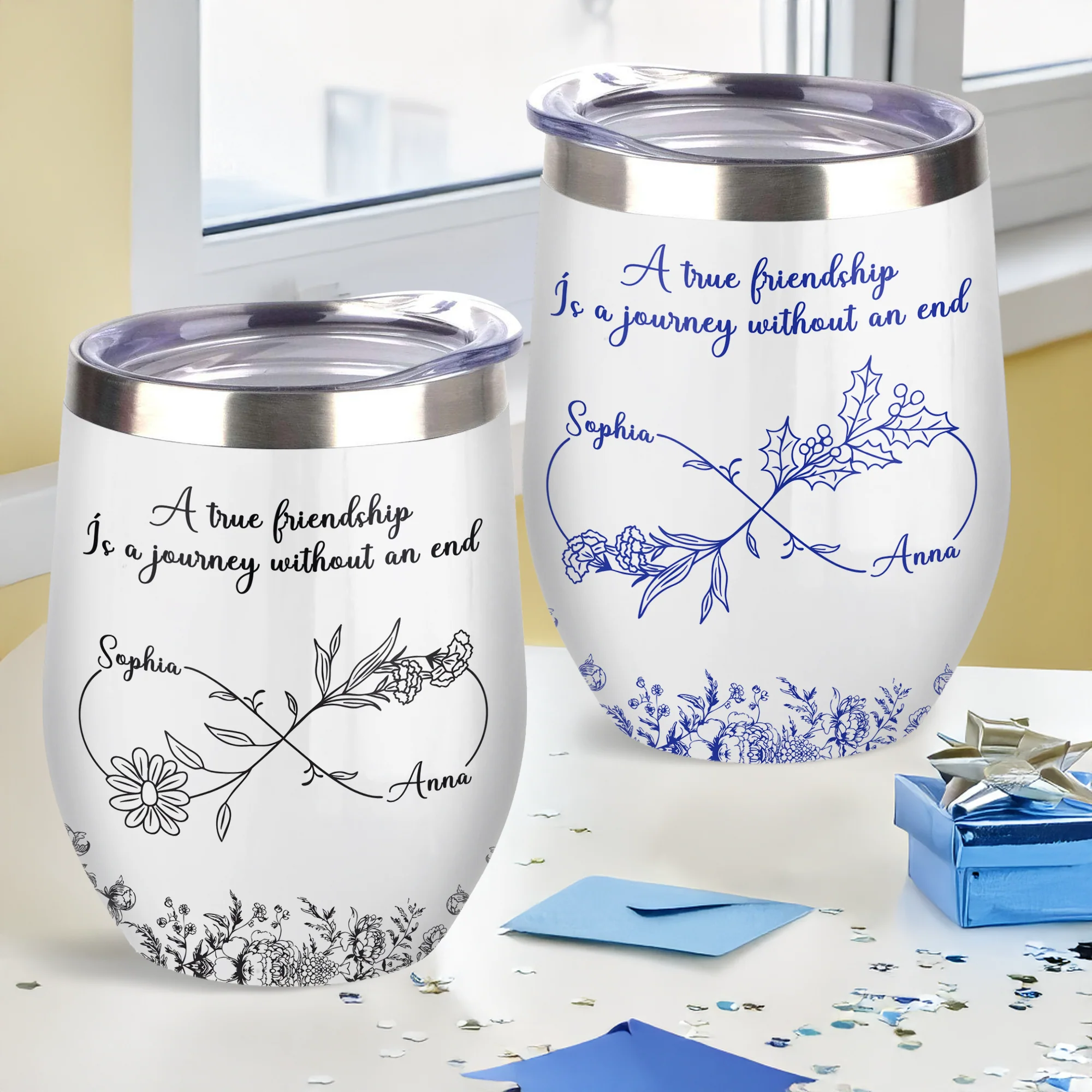 Personalized Gift True Friendship Without An End Toile De Jouy Wine Tumbler LM32 893997 - Image 2