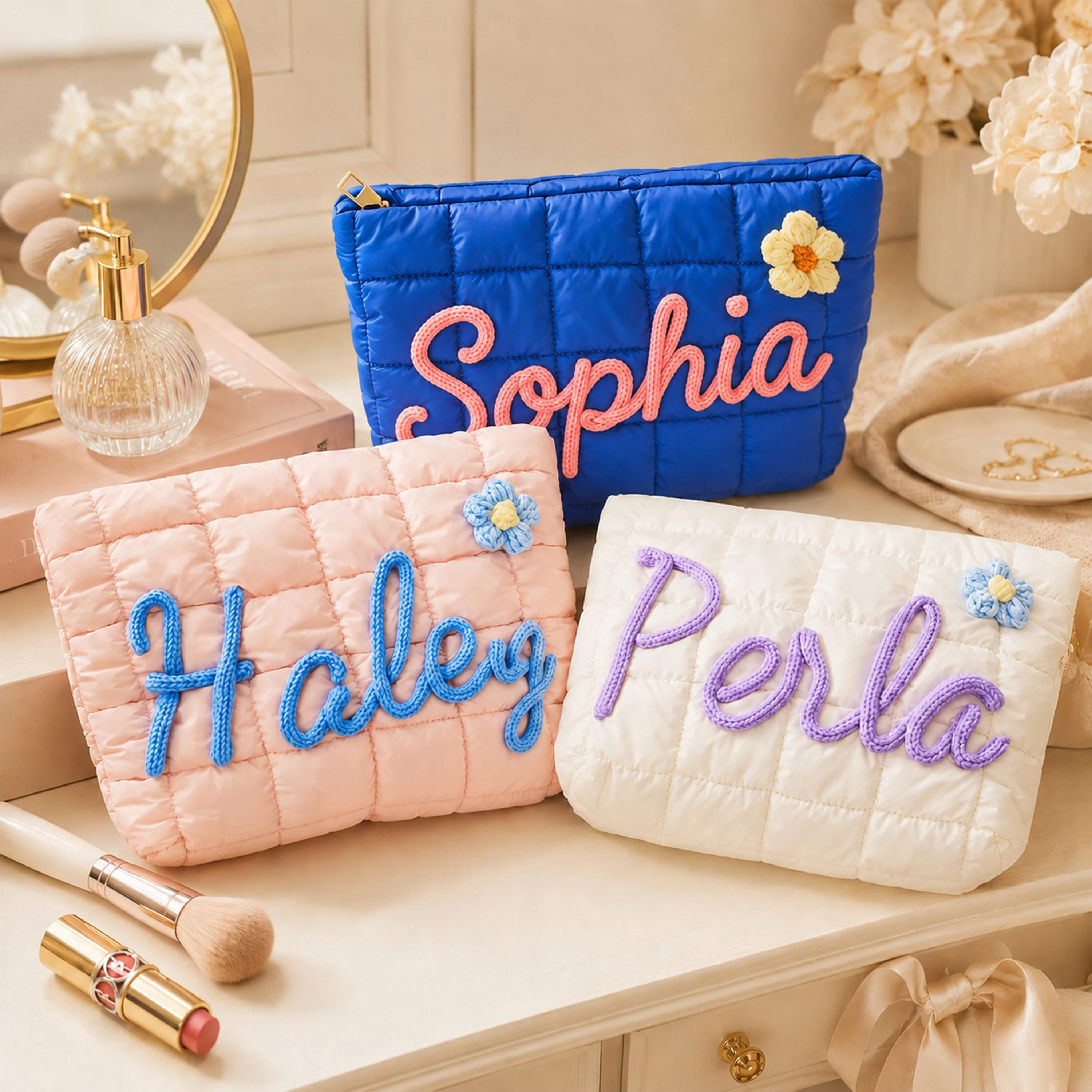 Personalized Name Quilted Nylon Makeup Bag- Gift For Mom, Girlfriend, Women, Bridesmaid Gift LM32 899545 - Image 2