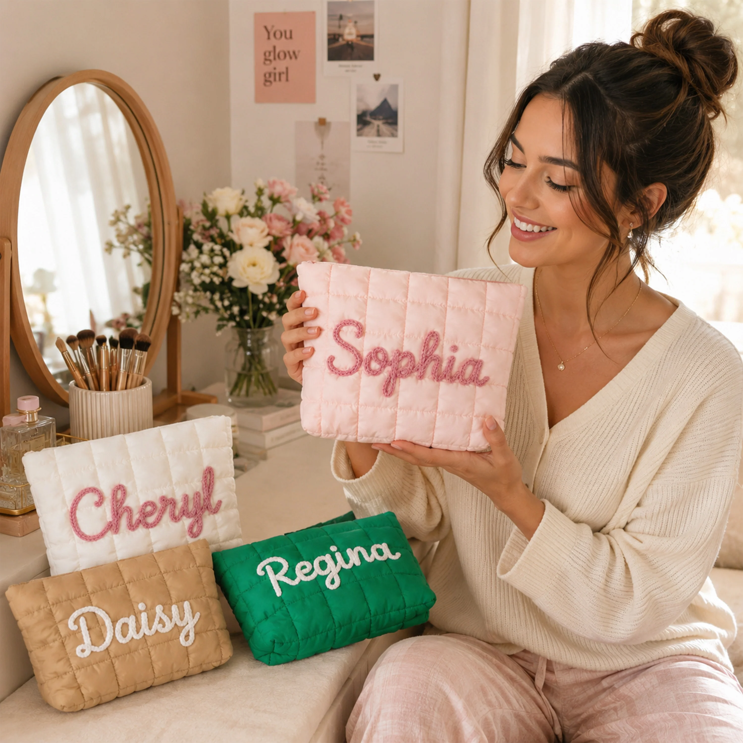 Personalized Name Quilted Nylon Makeup Bag- Gift For Mom, Girlfriend, Women, Bridesmaid Gift LM32 899545 - Image 4
