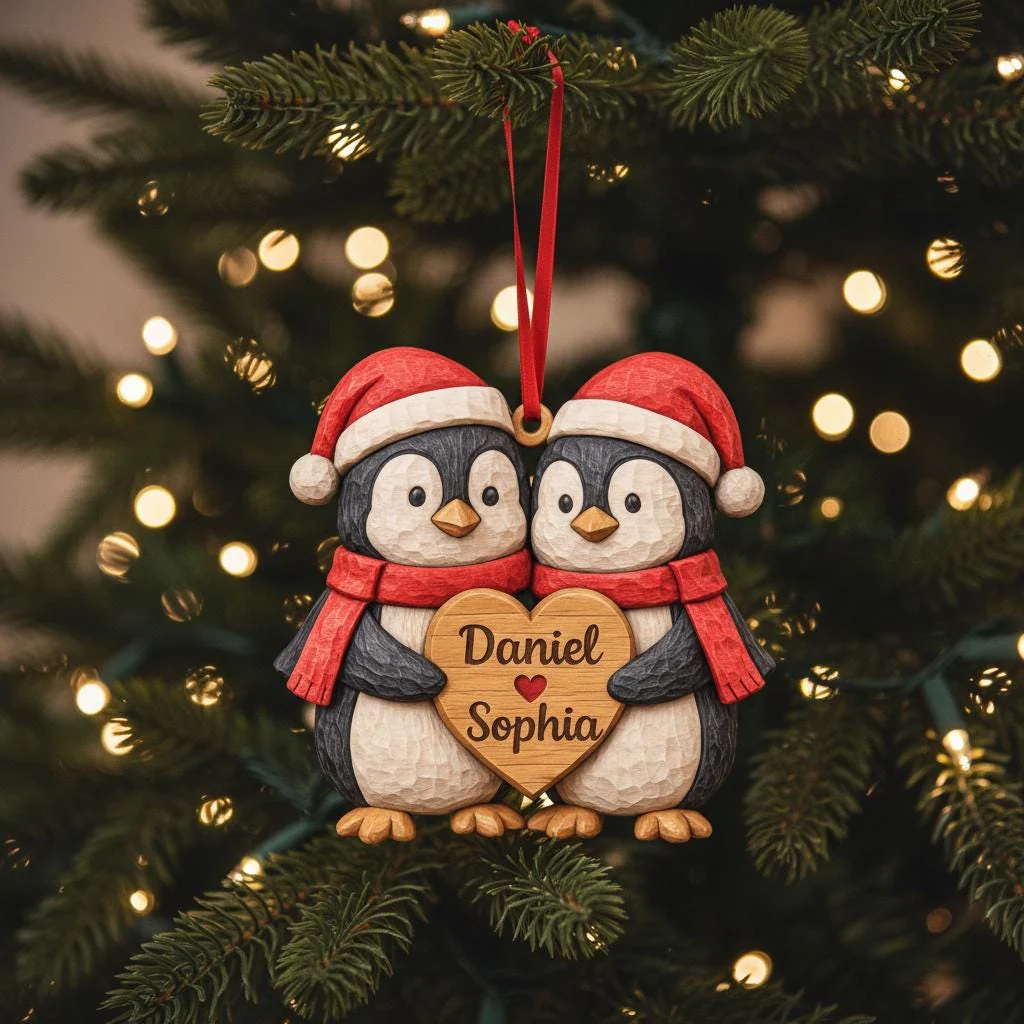 Personalized Penguin Couple First Christmas 2 Layers Wooden Ornament LM32 897519 - Image 2