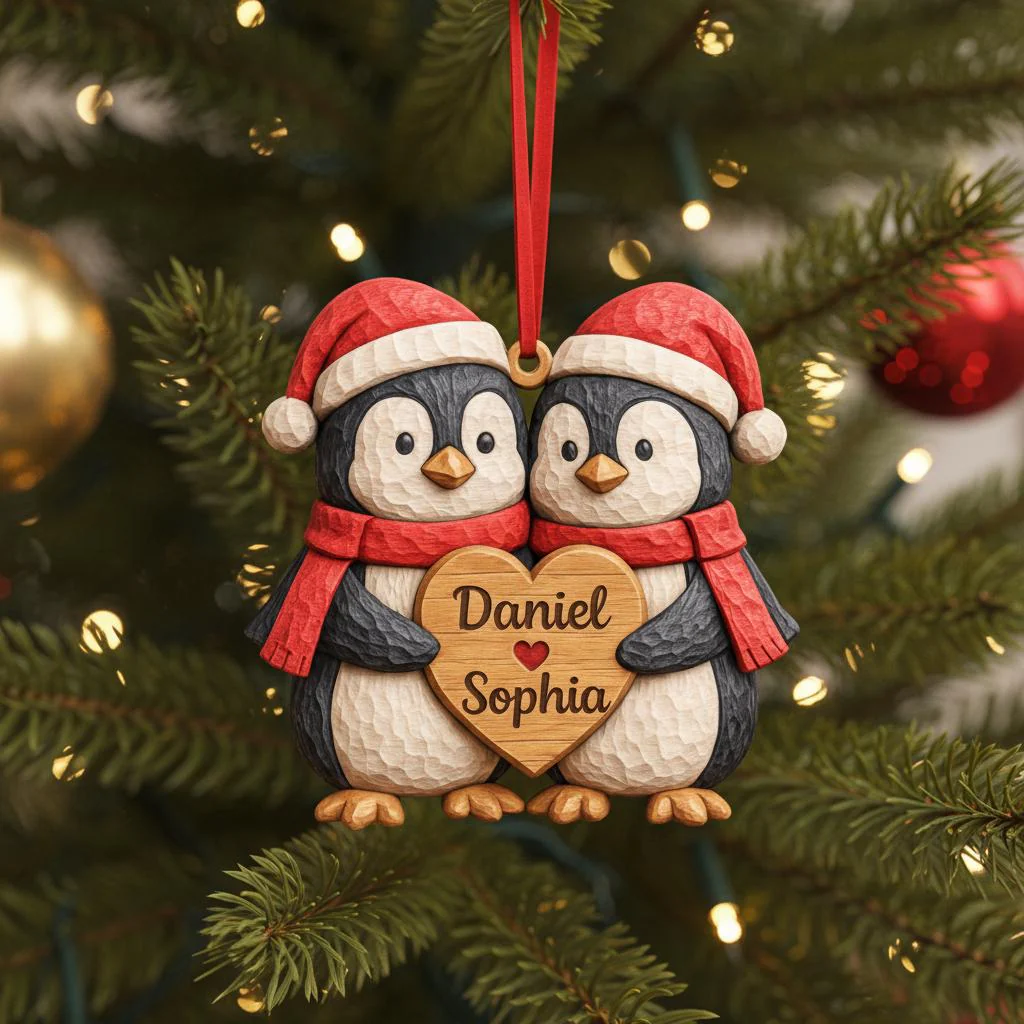 Personalized Penguin Couple First Christmas 2 Layers Wooden Ornament LM32 897519 - Image 3