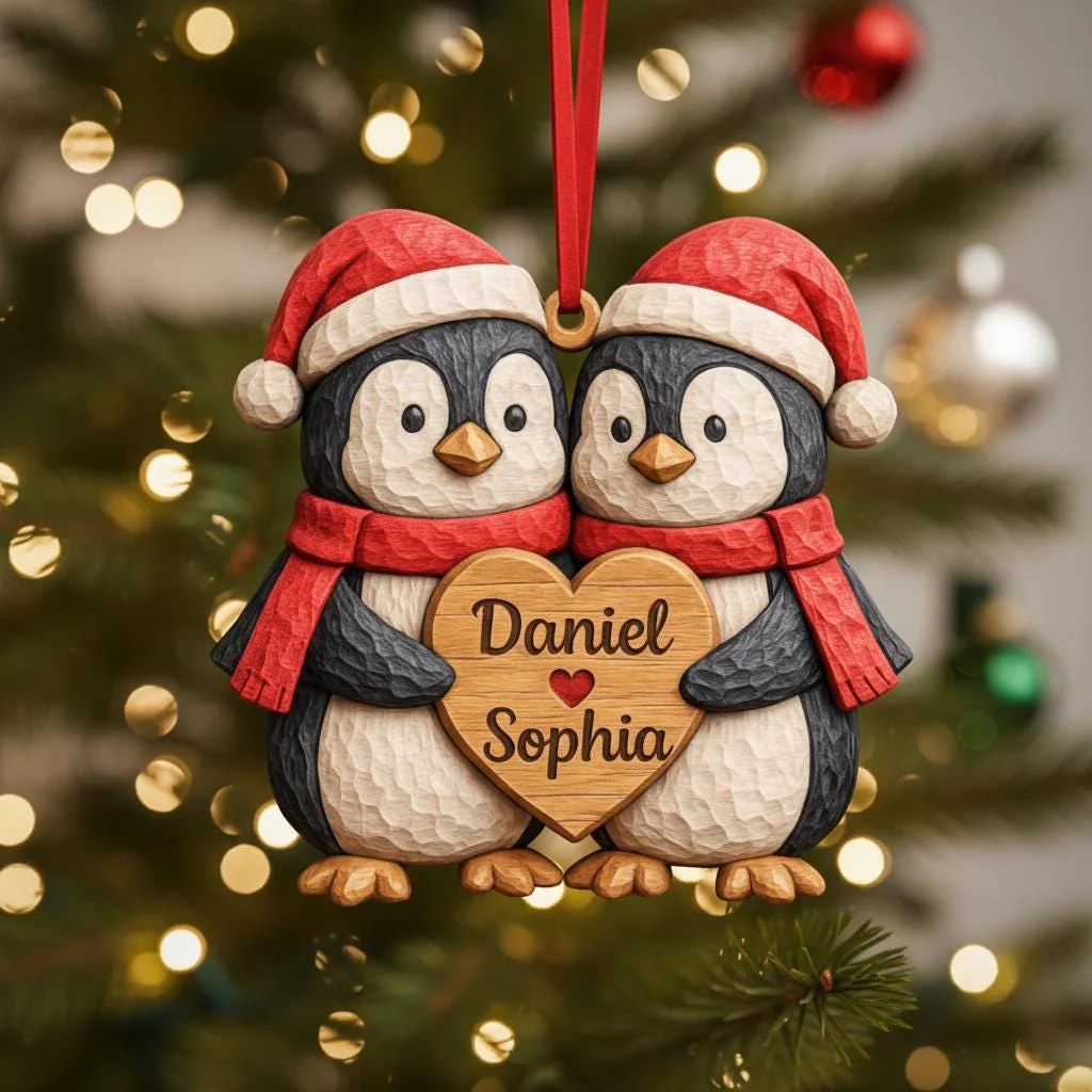 Personalized Penguin Couple First Christmas 2 Layers Wooden Ornament LM32 897519 - Image 5