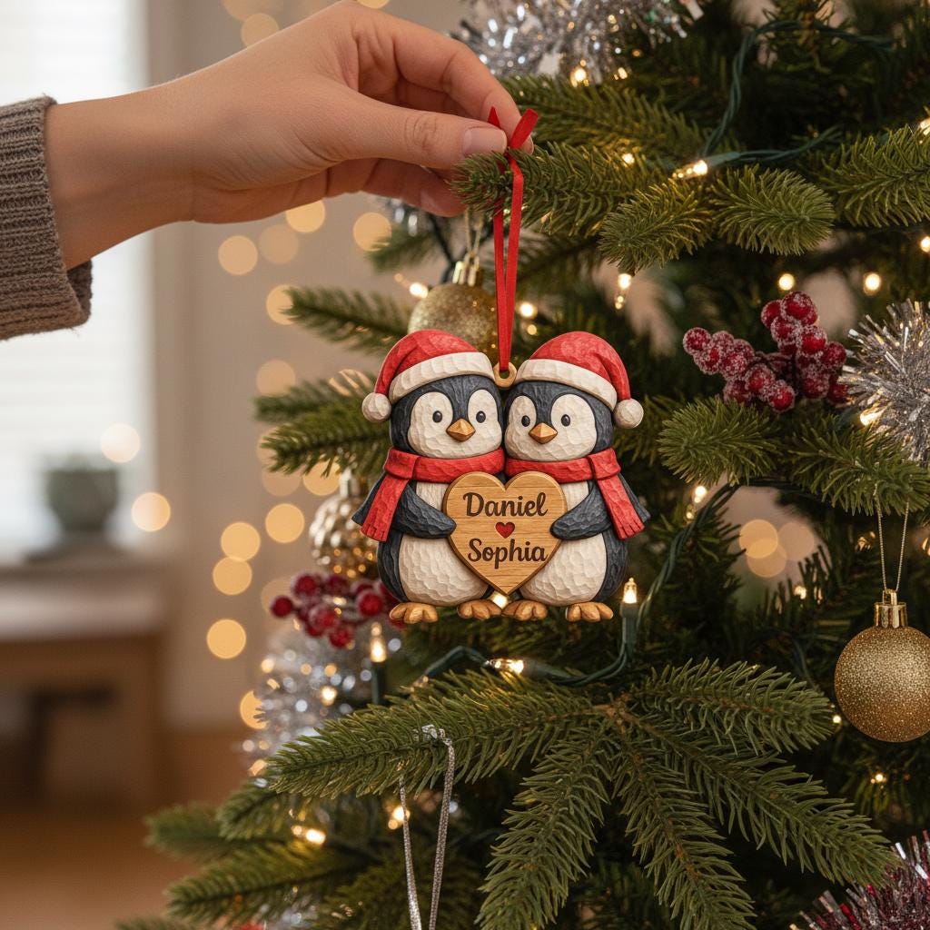 Personalized Penguin Couple First Christmas 2 Layers Wooden Ornament LM32 897519 - Image 7