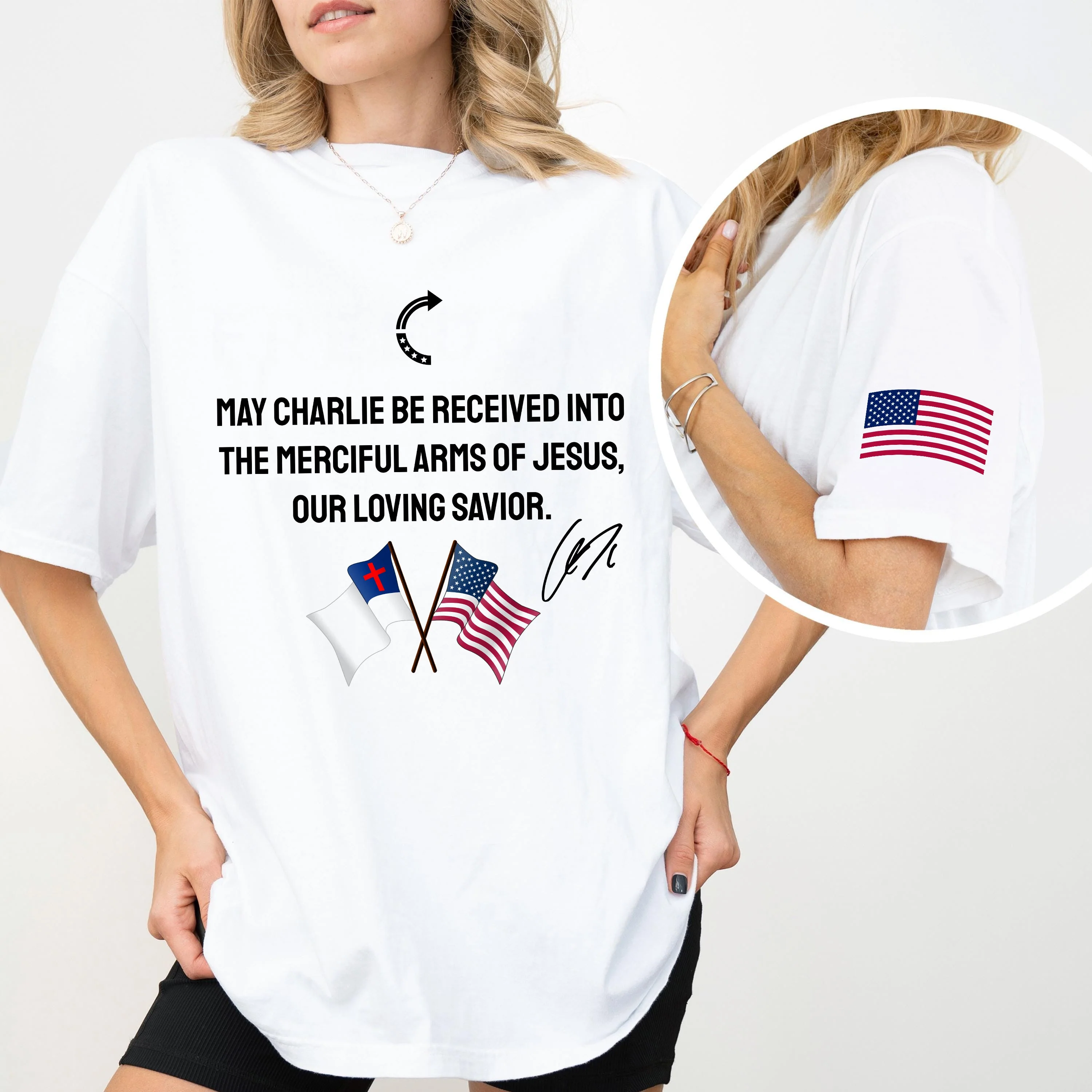 Pray For Charlie Kirk Our Loving Savior Sleeve Tee Shirt LM32 65797 - Image 4