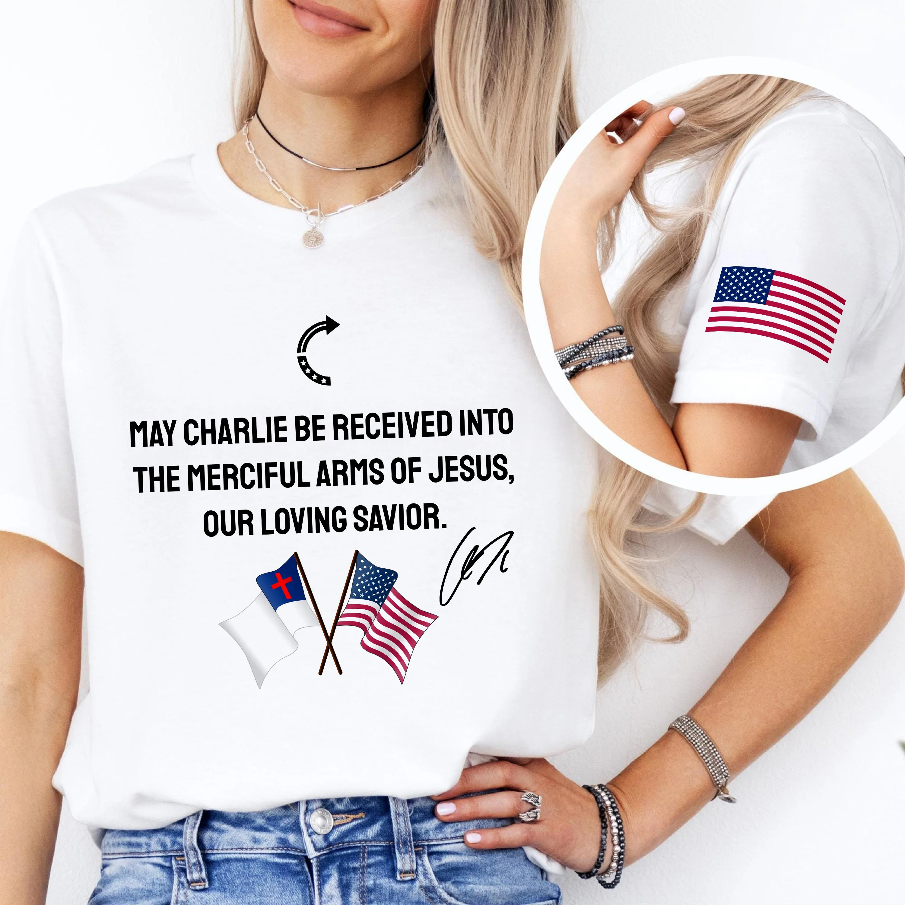 Pray For Charlie Kirk Our Loving Savior Sleeve Tee Shirt LM32 65797 - Image 5
