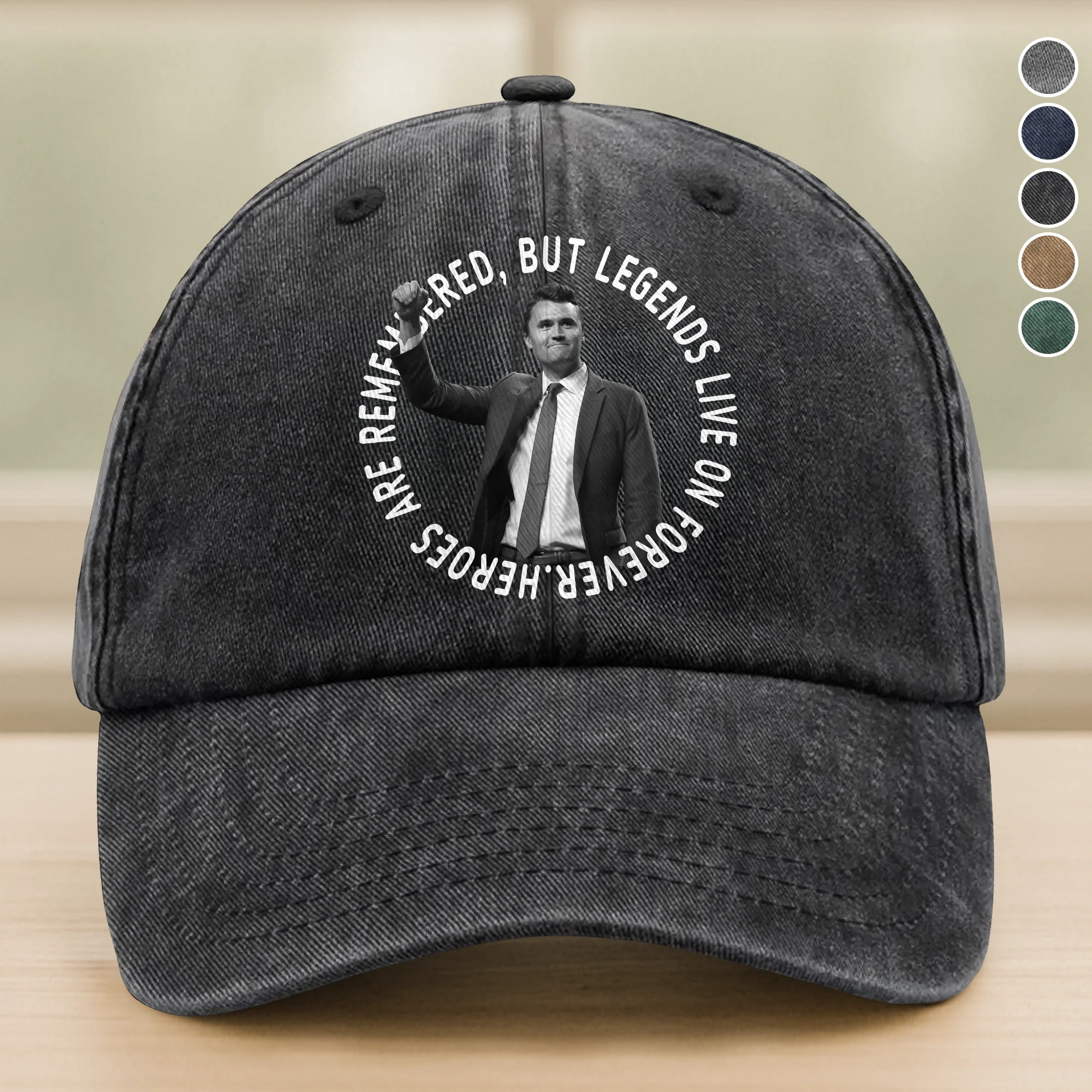Pray For Legends - Charlie Kirk Lives On Forever Washed Denim Baseball Cap LM32 65479 - Image 3