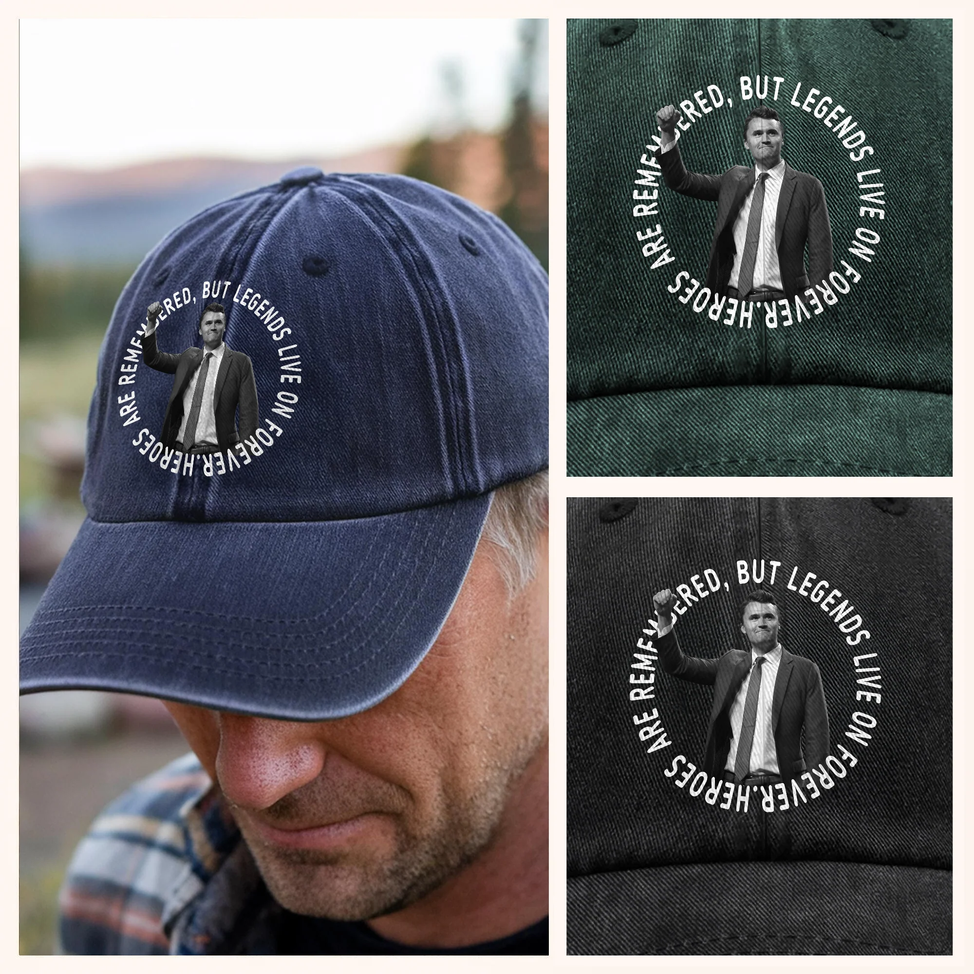 Pray For Legends - Charlie Kirk Lives On Forever Washed Denim Baseball Cap LM32 65479 - Image 5