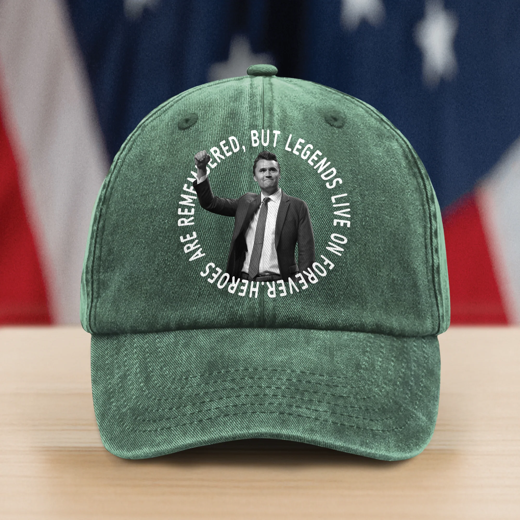 Pray For Legends - Charlie Kirk Lives On Forever Washed Denim Baseball Cap LM32 65479 - Image 8