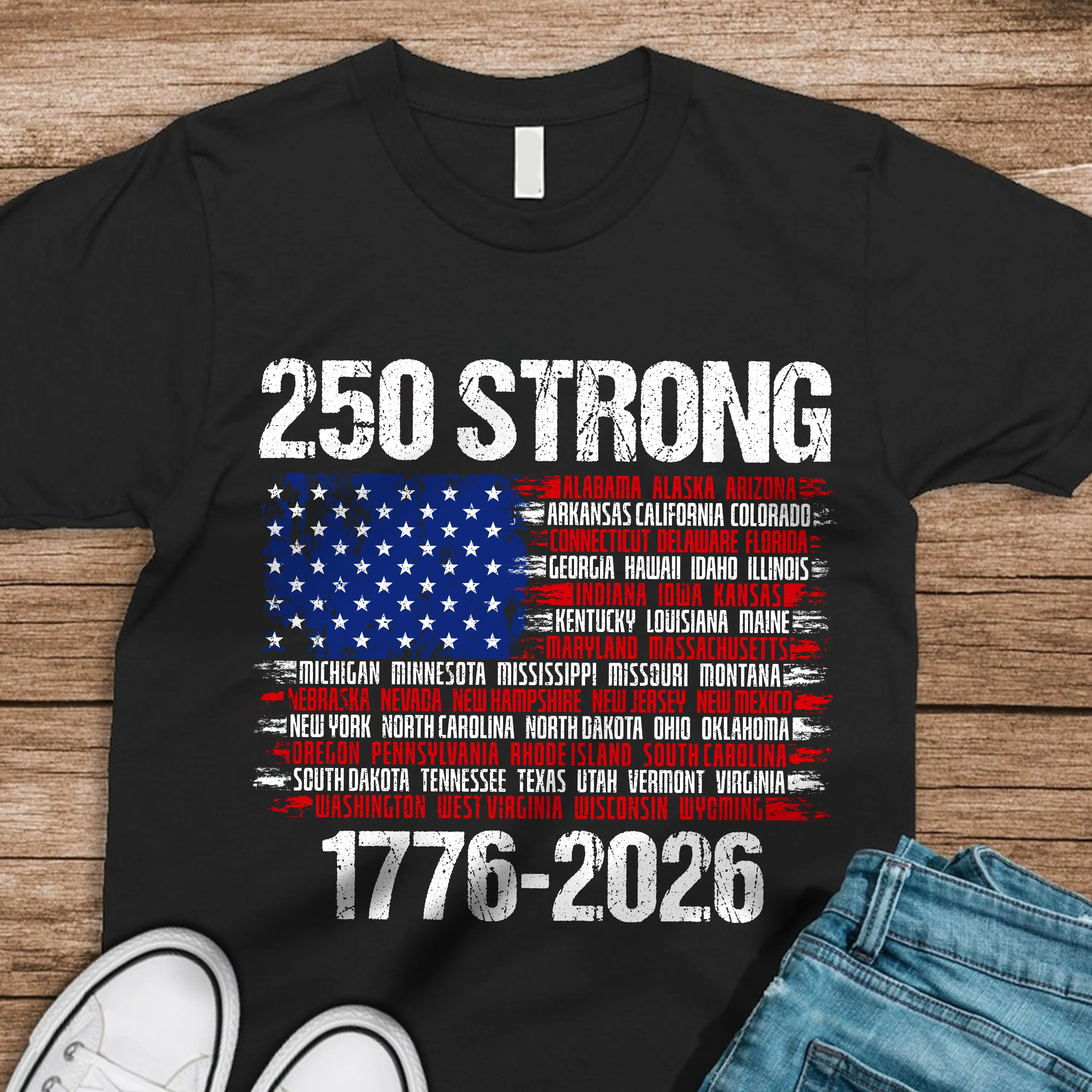 USA 250 Strong Flag American States Patriotic Dark Shirt LM32 895333 - Image 7