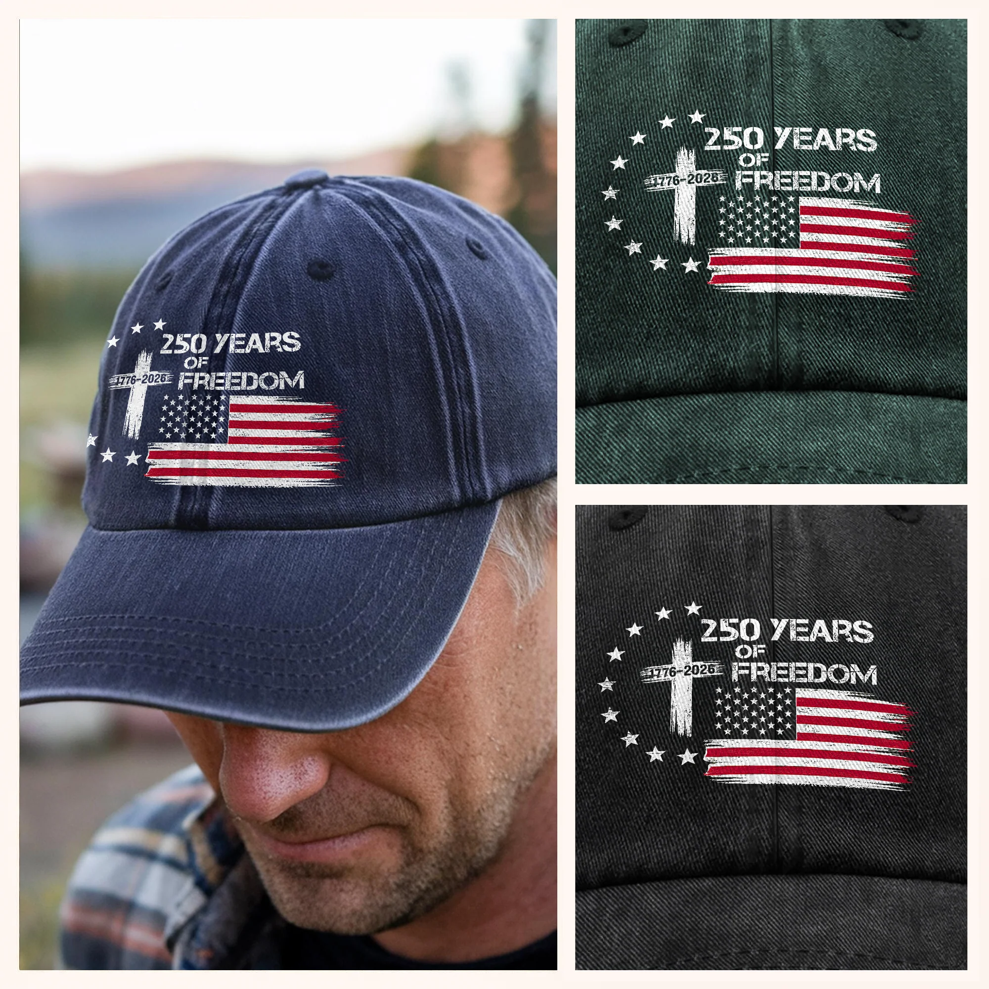 250 Years Of Freedom America 1776 - 2026 Vintage Washed Denim Baseball Cap CH07 910722 - Image 4