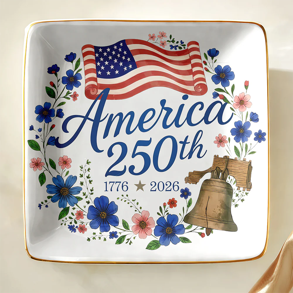 America 250th Anniversary 1776–2026 Floral Ring Dish – Patriotic Jewelry Tray Gift LM32 899509 - Image 2