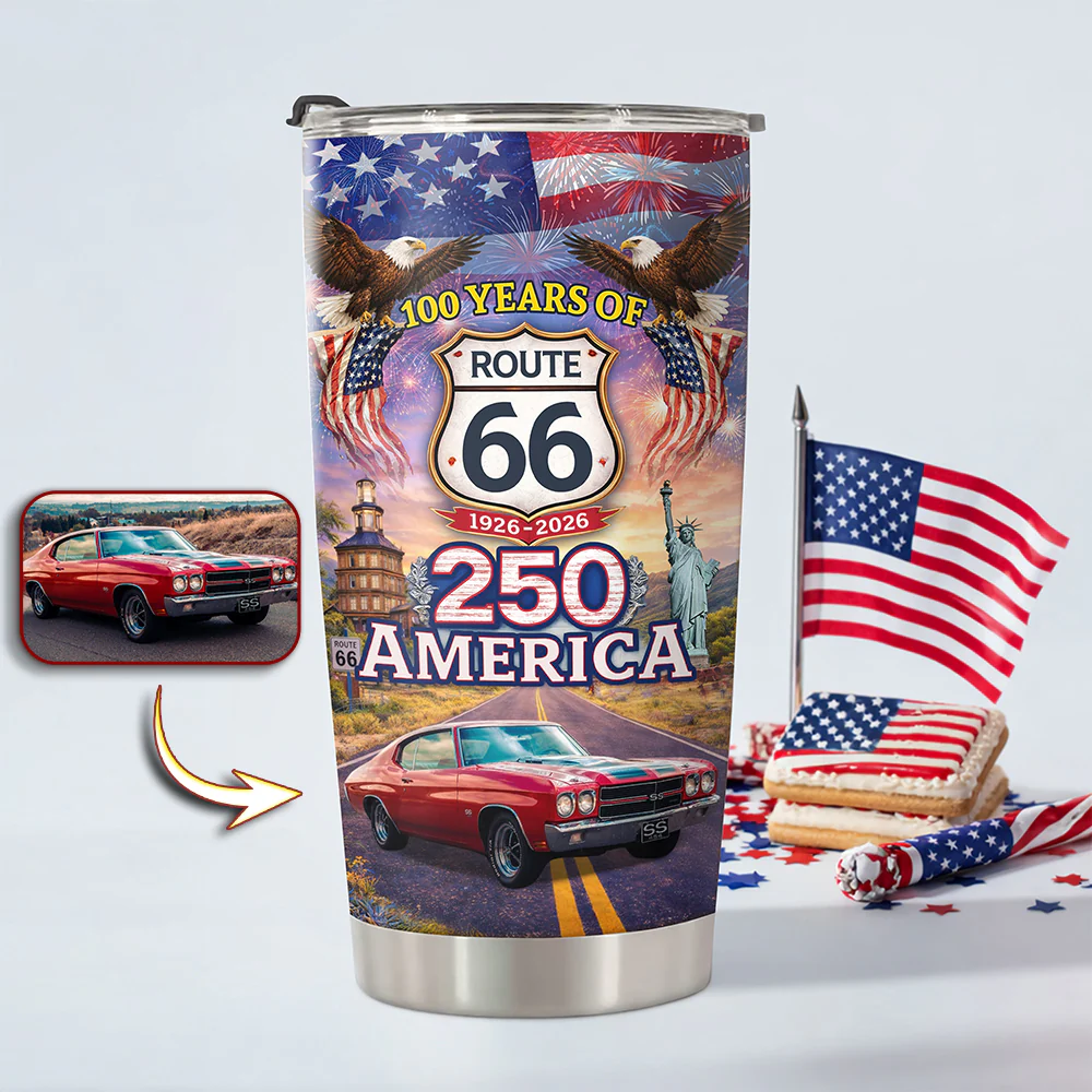 Custom Car Photo Celebrate 100 Years of Road Route 66 and America 250th Anniversary Fat Tumbler CH07 910516 - Image 2
