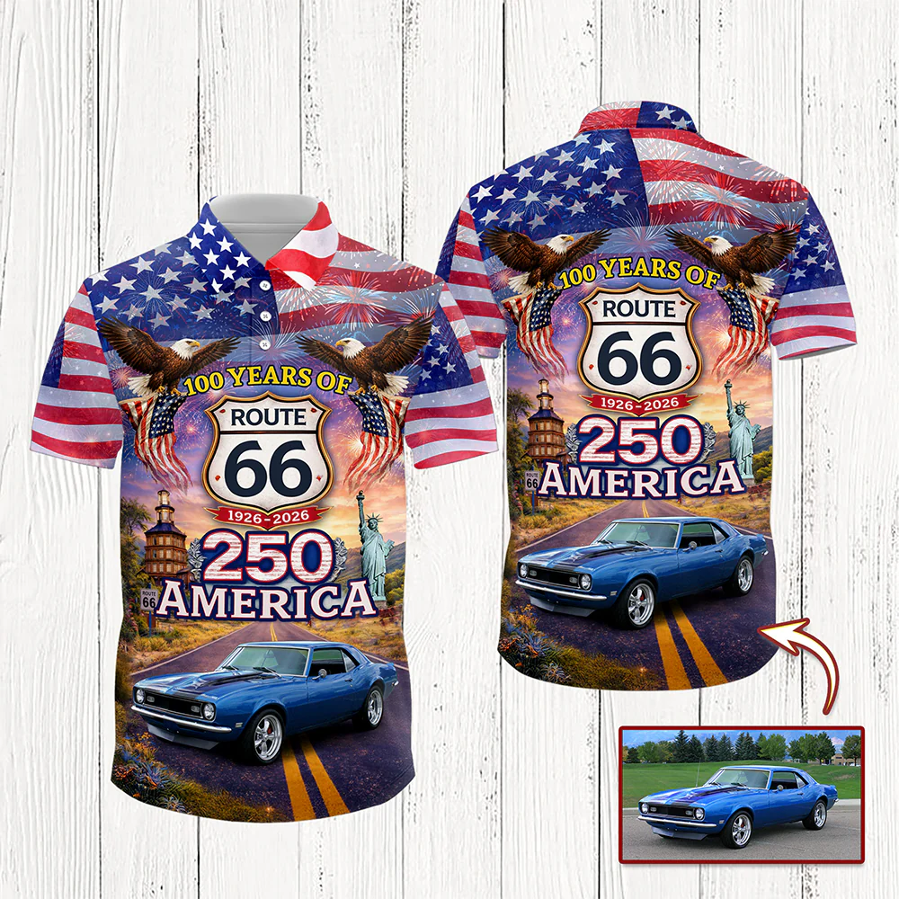 Custom Car Photo Celebrate 100 Years of Road Route 66 and America 250th Anniversary Polo Shirt CH07 910518 - Image 5