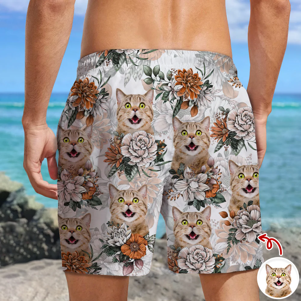 Custom Cat Photo Floral Aloha Pattern Beach Shorts - Gift for Cat Lovers HO82 902416 - Image 2