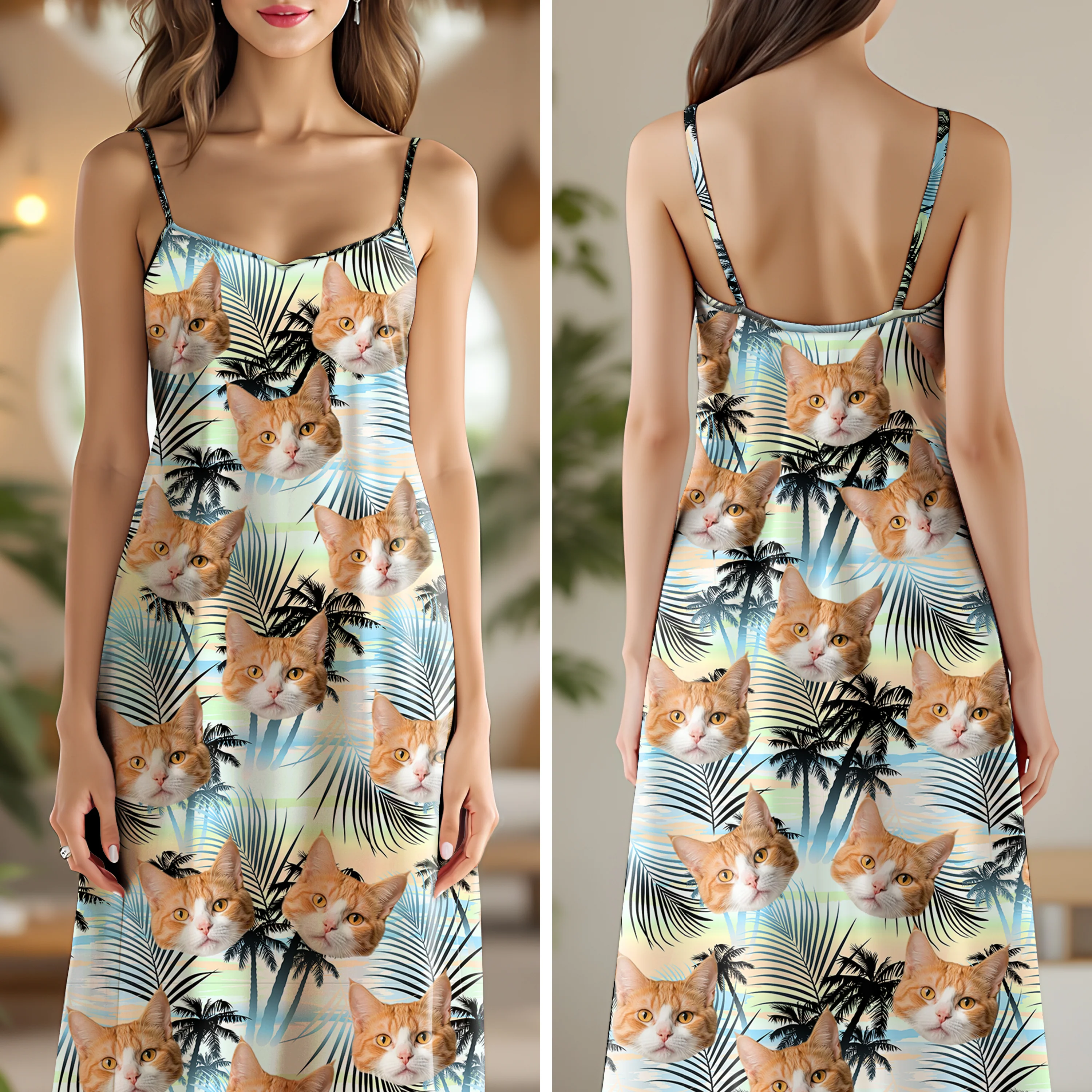 Custom Cat Photo Tropical Summer Pattern Cami Maxi Dress HO82 902398 - Image 7