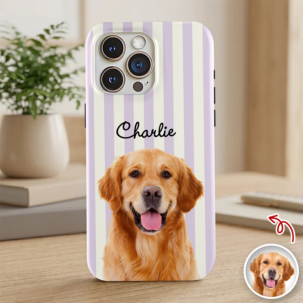Custom Dog Photo Striped Phone Case – Personalized Gift for Dog Lovers TH10 170395
