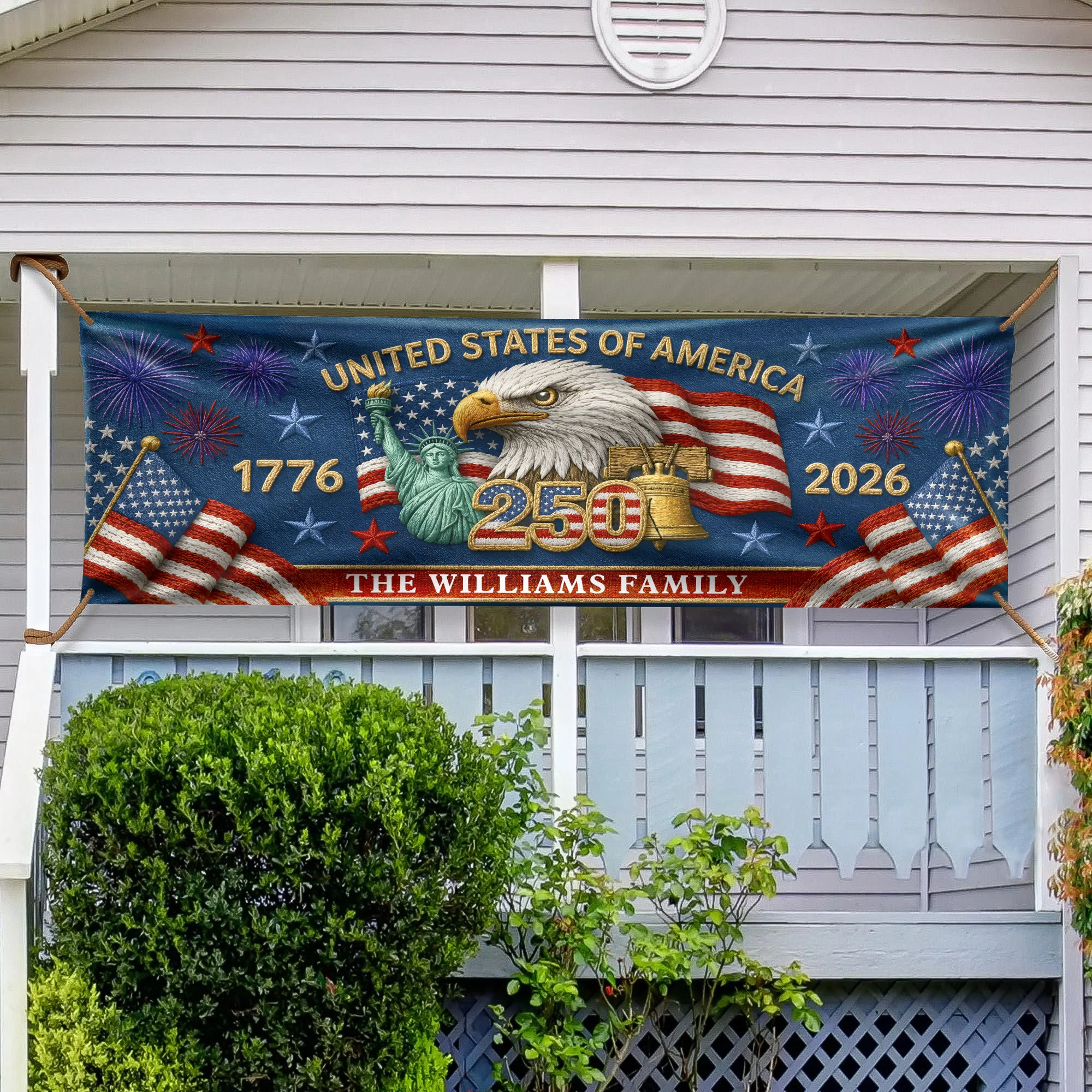 Custom Family Name 250th Birthday America Eagle Embroidered Effect Patriotic Party Banner LM32 669281 - Image 2