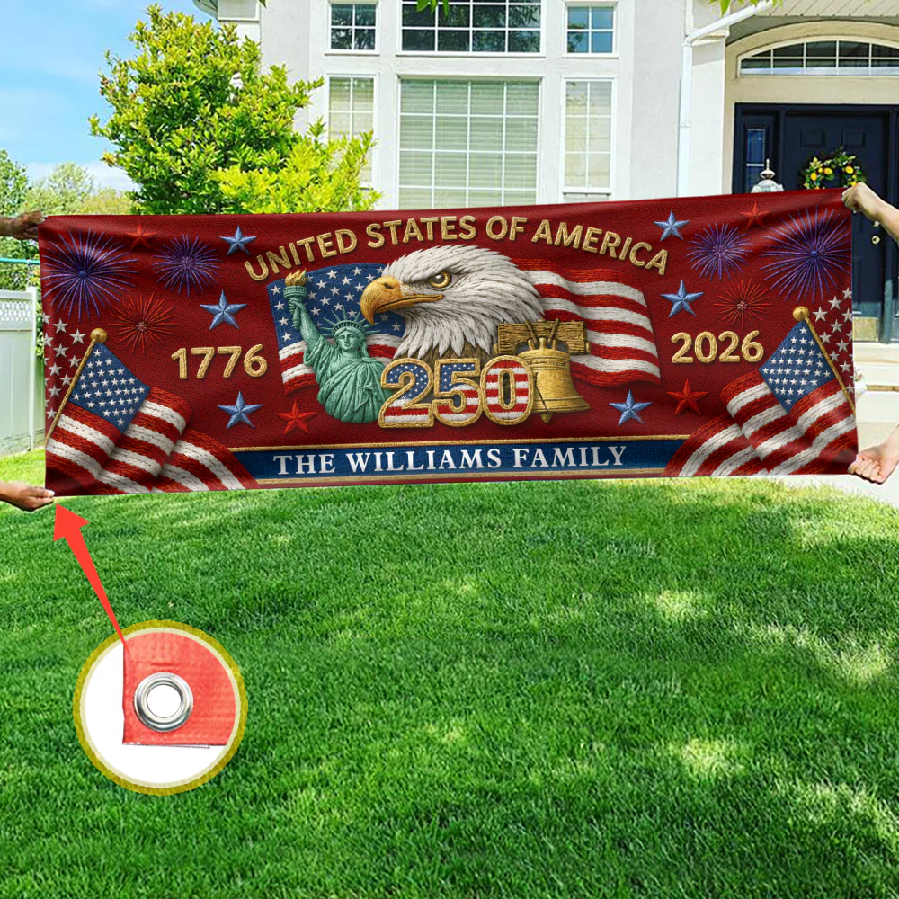 Custom Family Name 250th Birthday America Eagle Embroidered Effect Patriotic Party Banner LM32 669281 - Image 4