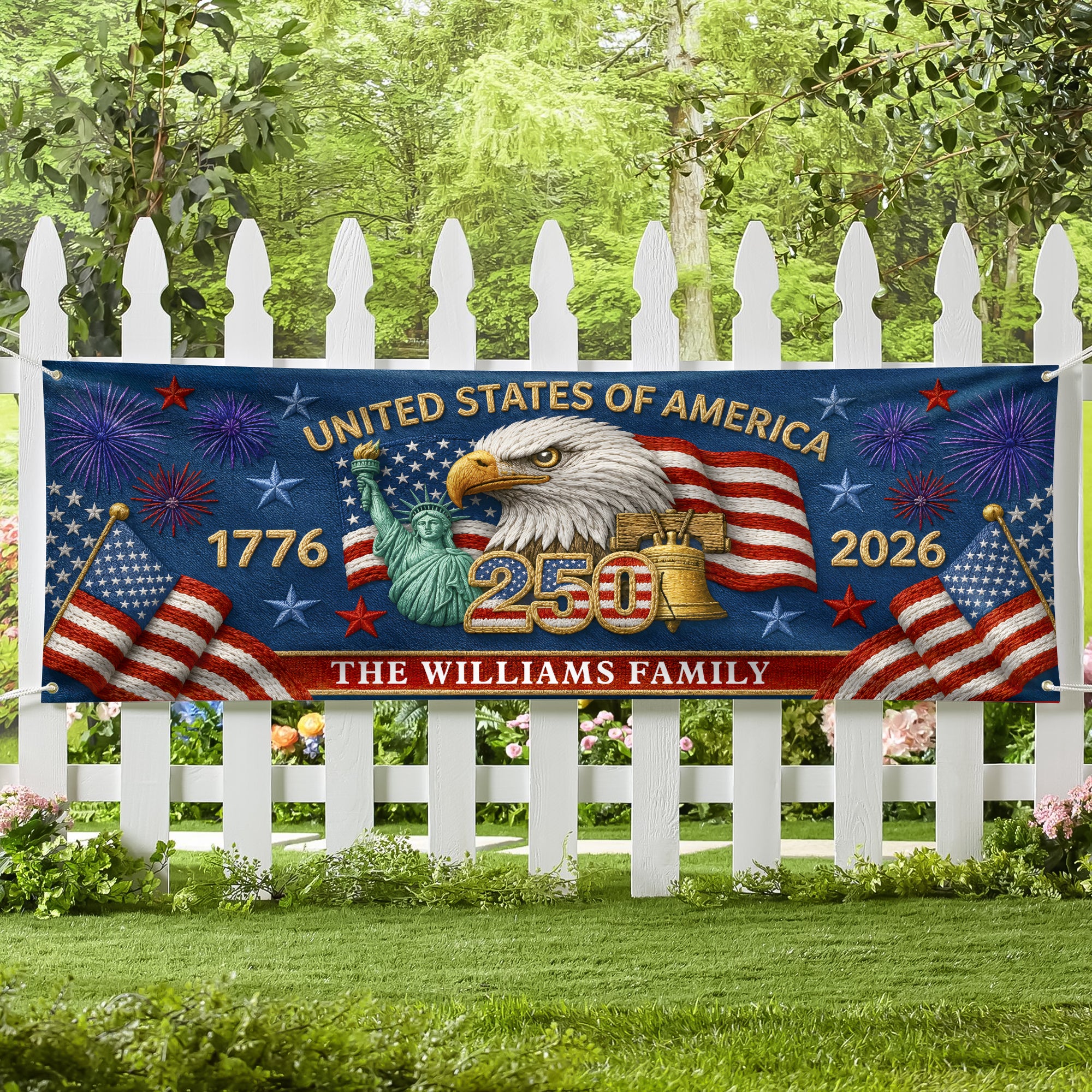 Custom Family Name 250th Birthday America Eagle Embroidered Effect Patriotic Party Banner LM32 669281 - Image 5
